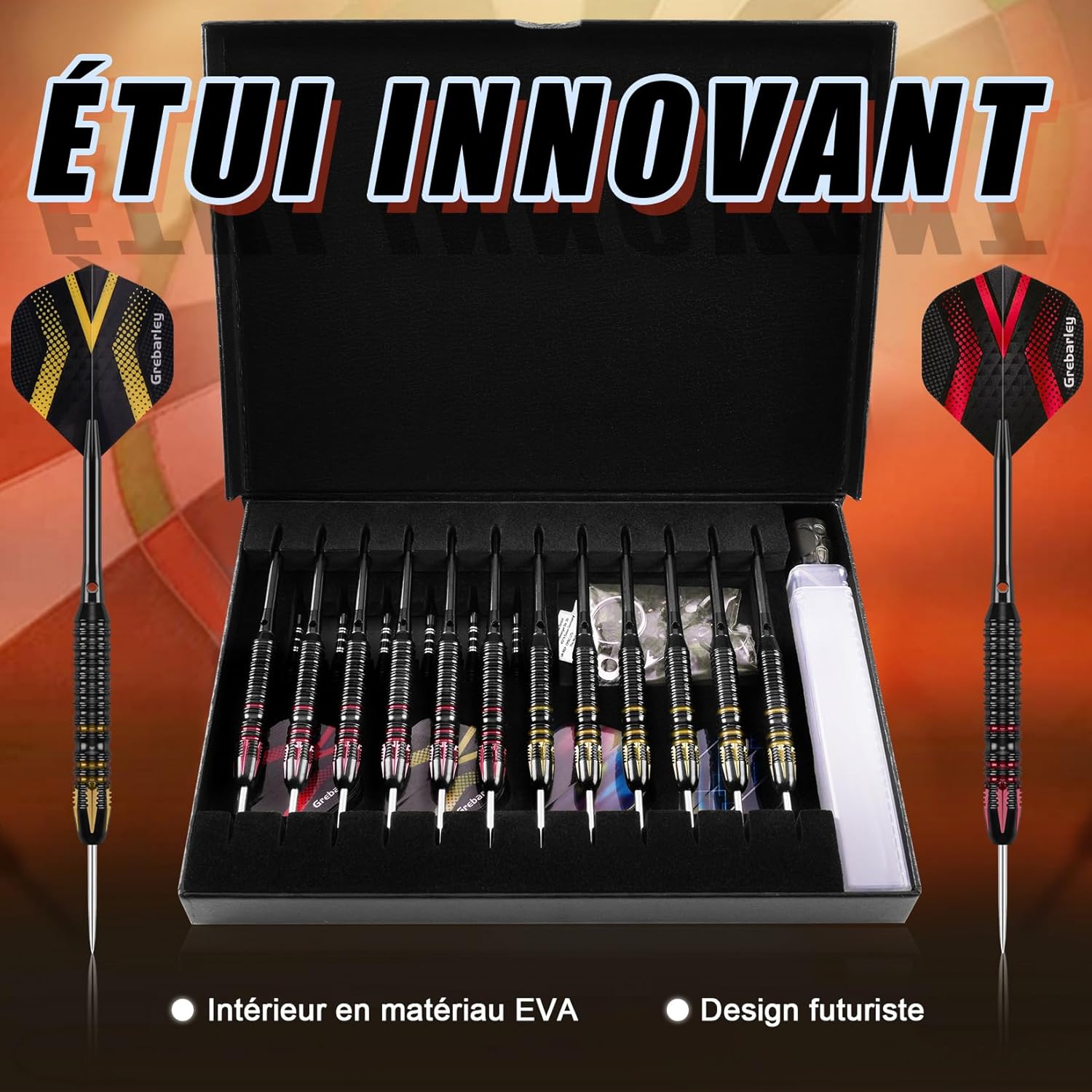 Grebarley Lot de 12 fléchettes Professionnelles avec Pointe en métal, Tige en Aluminium 18, avec 9 ailettes et 20 Anneaux — vue 5