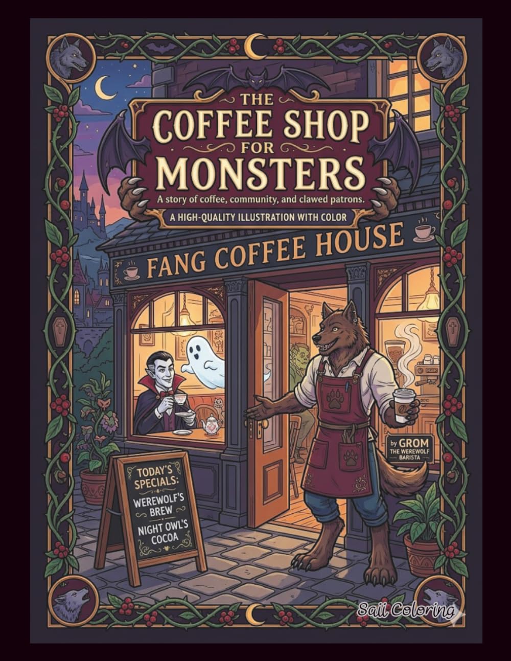 The Coffee Shop for Monsters Coloring Book: A Cozy & Spooky Coloring Adventure with Vampires, Werewolves, and Haunted Brews for Adults and Teens