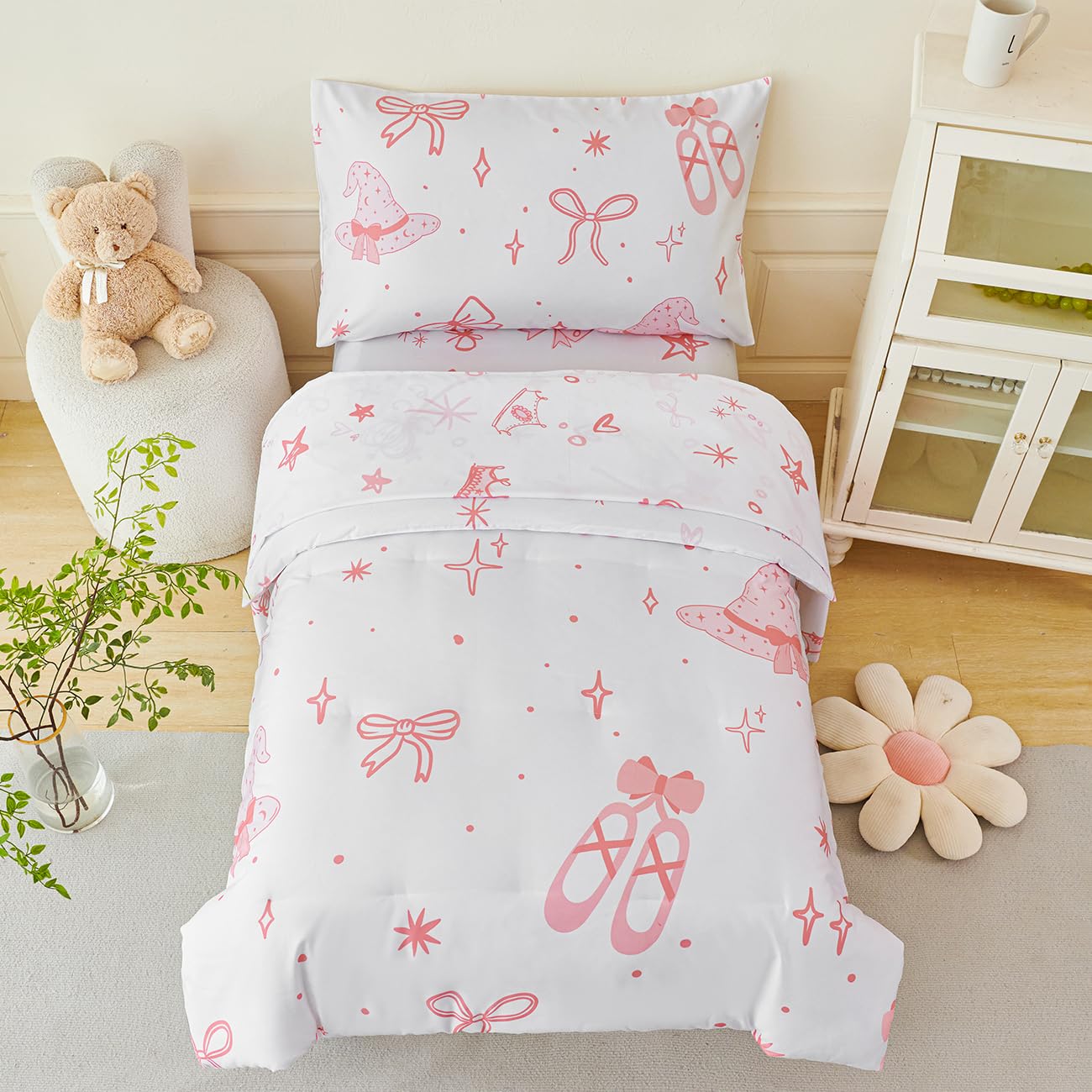 PERFEMET Bow Toddler Comforter for Girls Pink Bowknot Toddler Bed Sheet Set