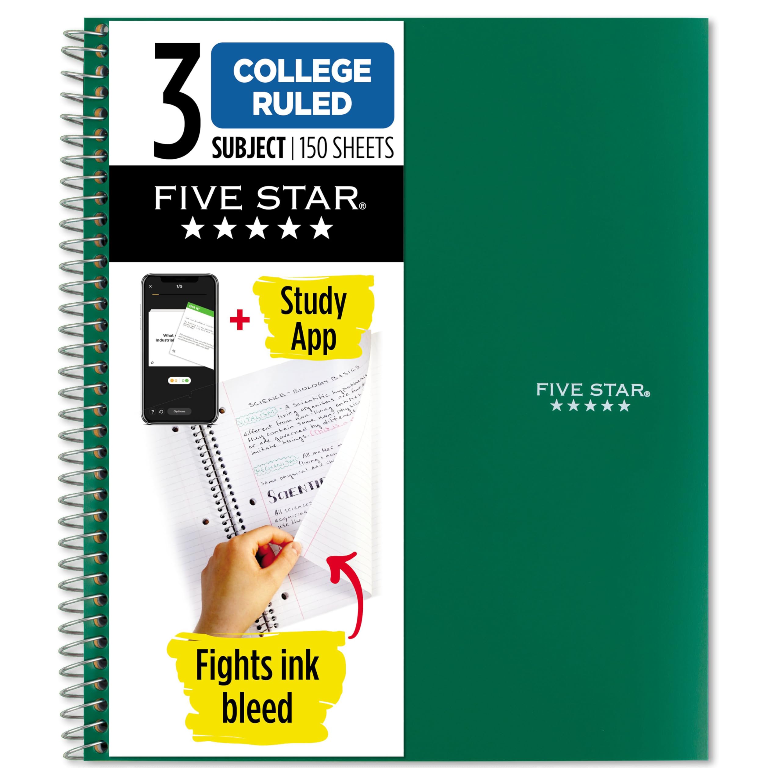 Five Star Spiral Notebook + Study App, 3 Subject, College Ruled Paper, Fights Ink Bleed, Water Resistant Cover, 8-1/2" x 11", 150 Sheets, Green (72067)