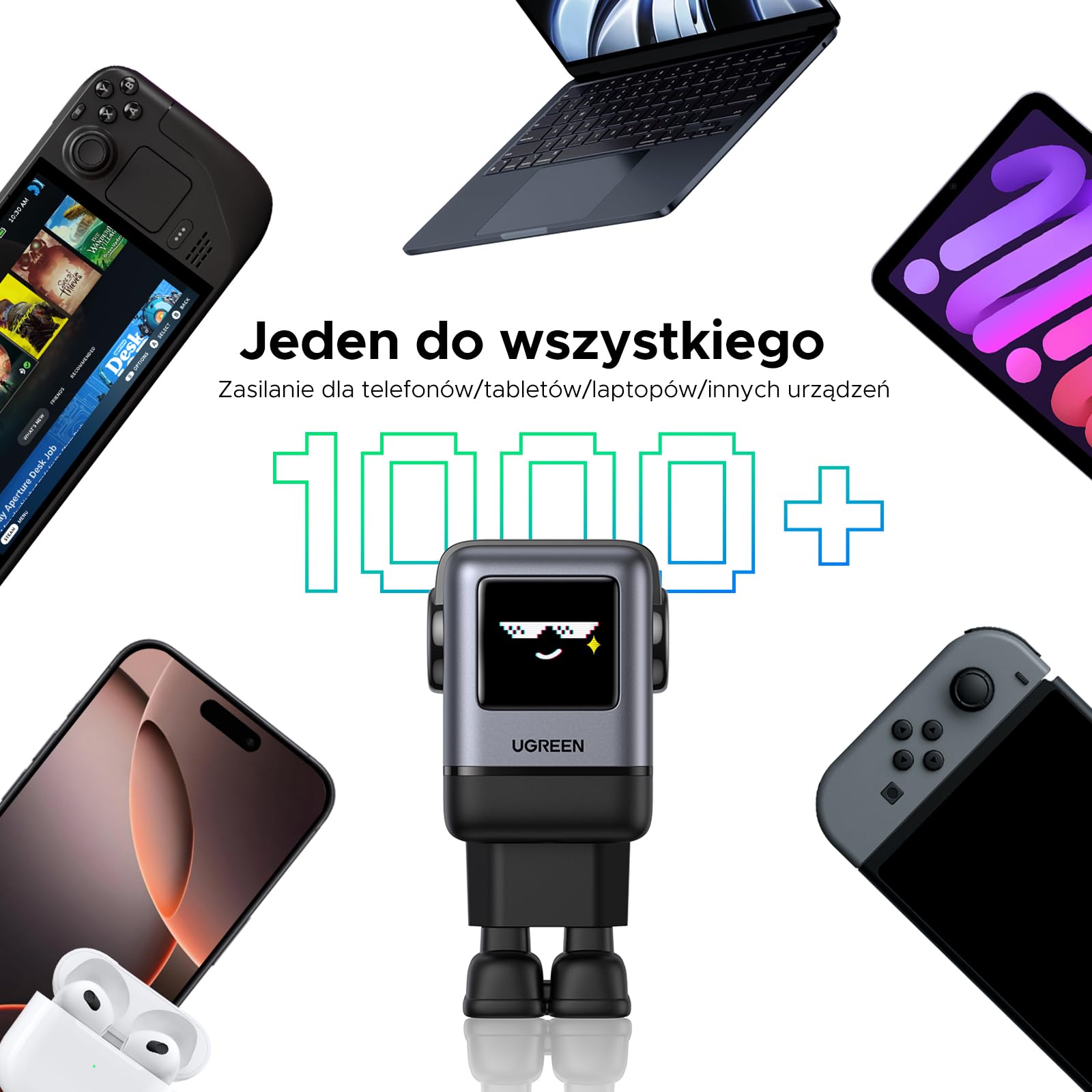UGREEN UNO USB-C Ładowarka 100W z 4 portami, Robot ładujący, LED Display | ładowarka do laptopa, Stan naładowania za pomocą emoji, kompatybilna z MacBook Pro/Air, iPad, iPhone, Galaxy S26