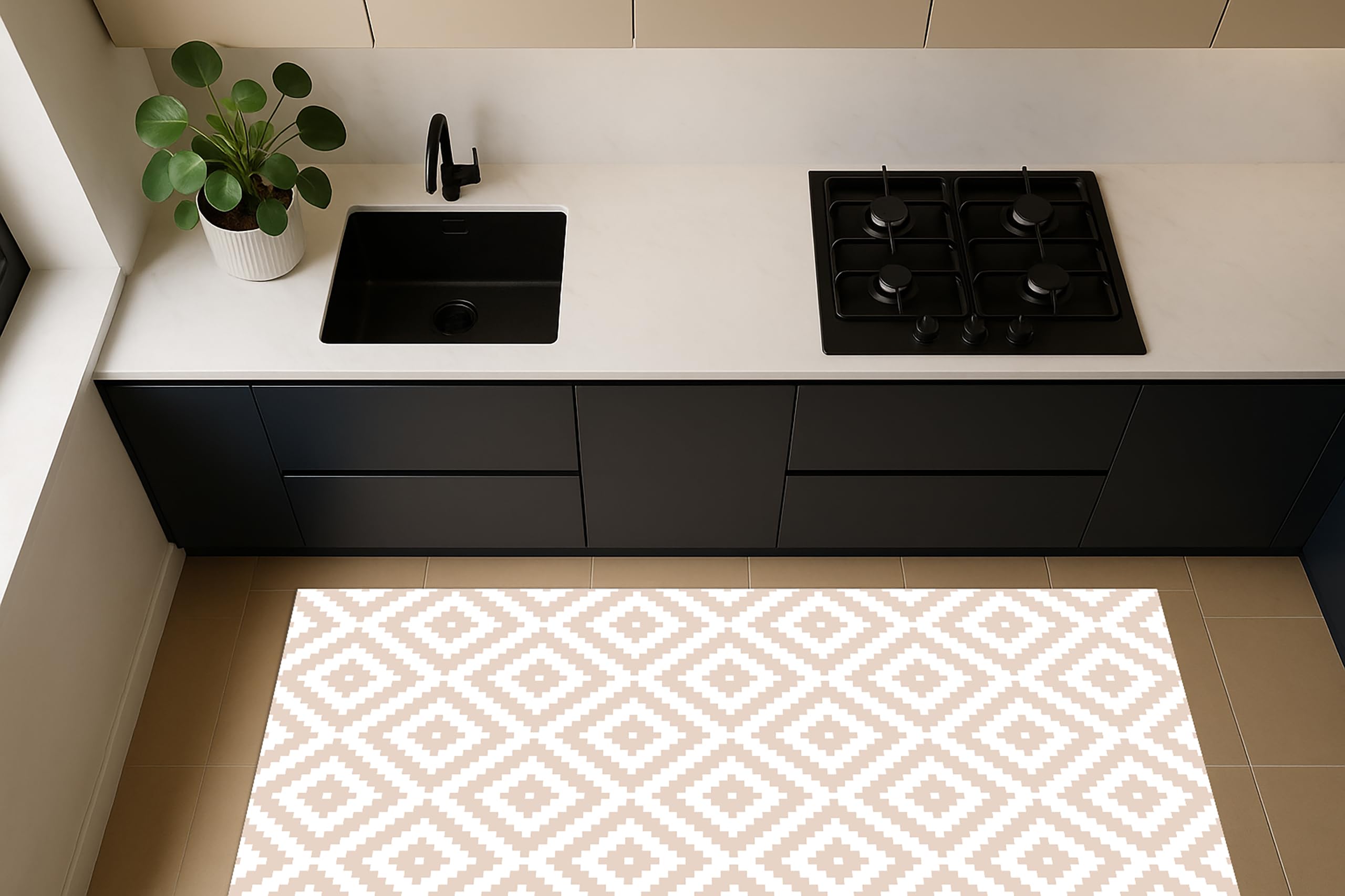 DobleUve Estudio Alfombra Vinílica Geométrica 07 | Color Beige | 65x140 cm | Alfombra Cocina Lavable Antideslizante | Alfombra Vinilica | Suelo Vinílico | Alfombra Vinilo Salón