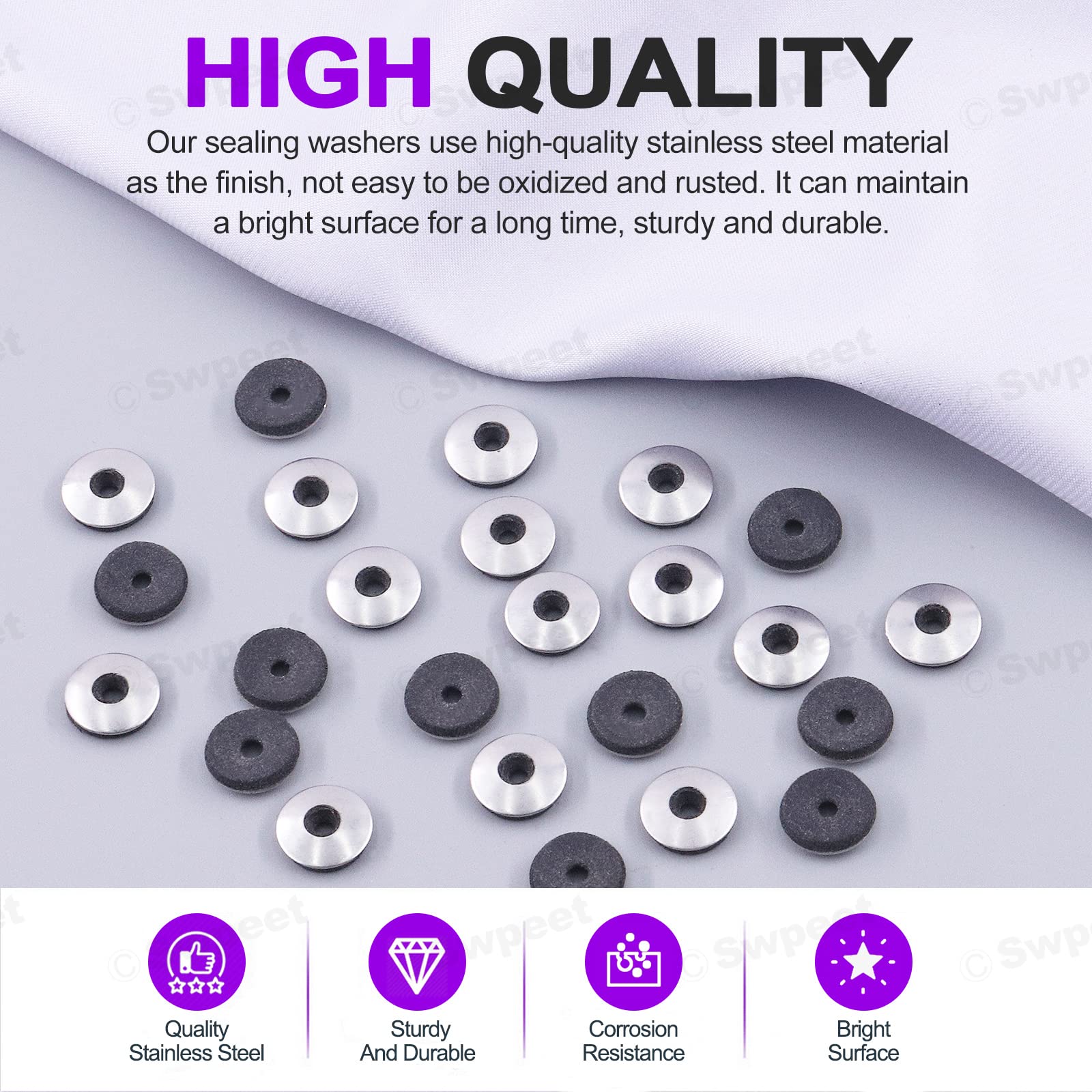 Swpeet 60Pcs #10 x 1/2"- M4.8 x14mm Stainless Steel Neoprene EPDM Bonded Sealing Washers Gasket Assortment Kit - Image 3