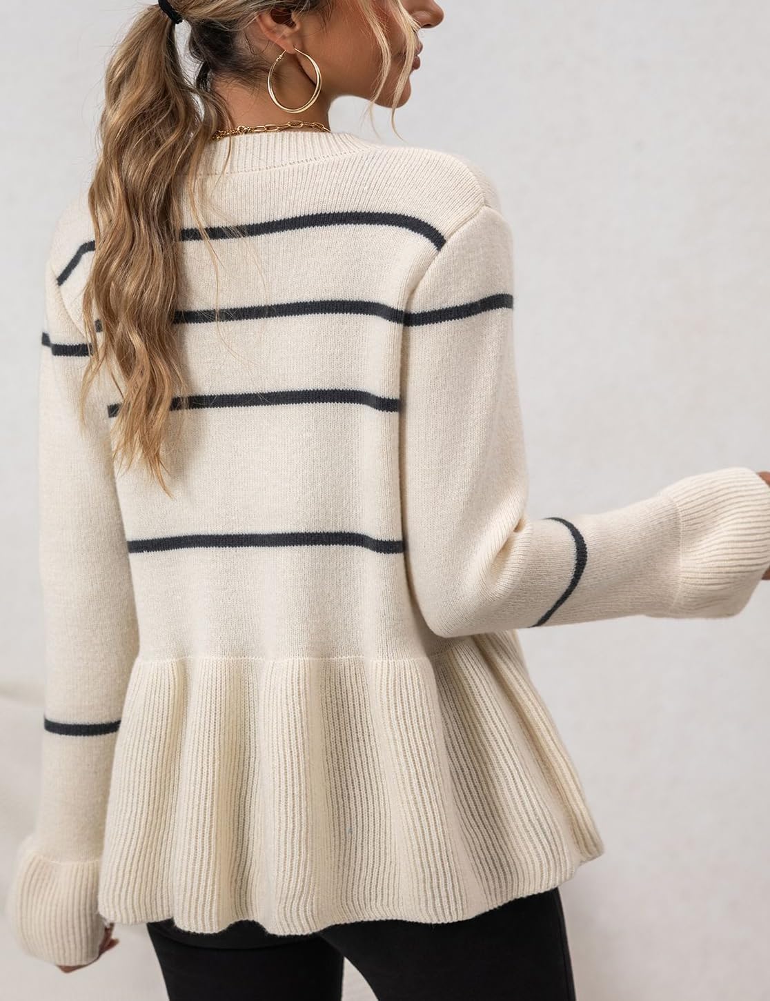 Kinghua Striped Cardigan Sweaters for Women Fall Winter Knitted Tops Casual V Neck Button Down Peplum Sweater - Image 2