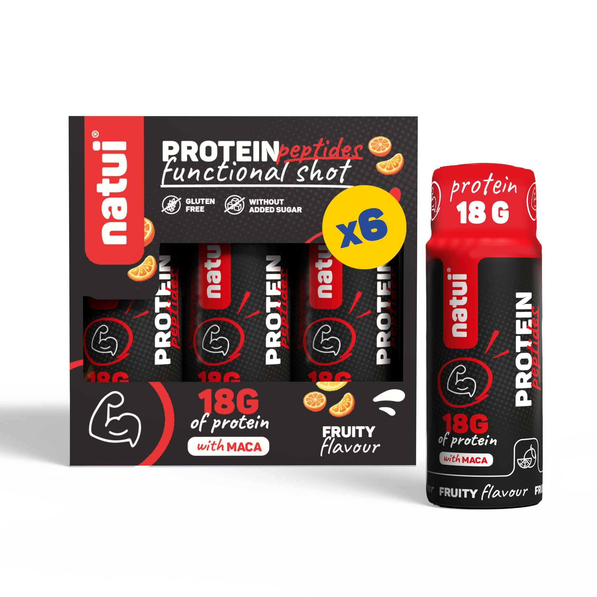 Natui Protein Peptides - Shot Booster Pronti da Bere - Con 18 g di Proteine da Peptidi di Collagene Idrolizzato, Maca ed Estratti di Frutta - Senza Glutine e Senza Zuccheri Aggiunti - Box da 6 x 60 ml