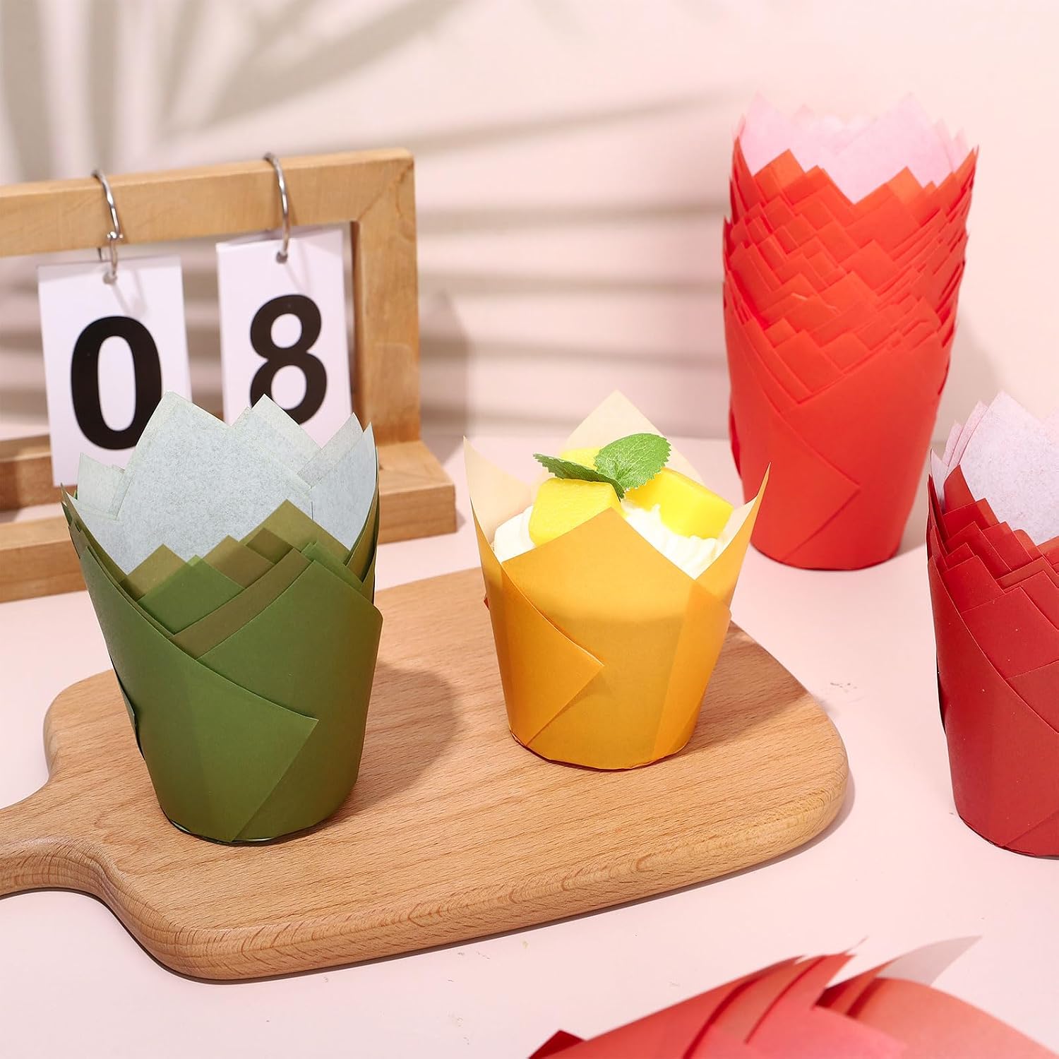 Whaline 200Pcs Fall Tulip Cupcake Liners Autumn Greaseproof Paper Baking Cups Red Orange Yellow Green Muffin Cupcake Wrappers for Thanksgiving Wedding Birthday