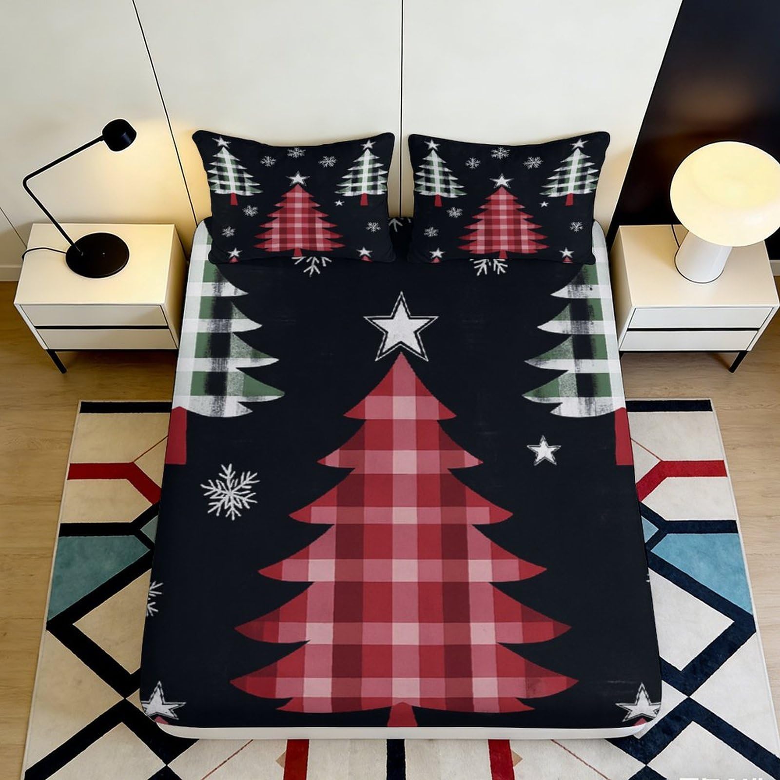 3D Printed Christmas Tree Fitted Sheet Microfiber Soft Breathable Plaid Snowflake Bed Cover for Bedroom Dormitory Guest Room Mattress Protection Decor 200x200x25cm