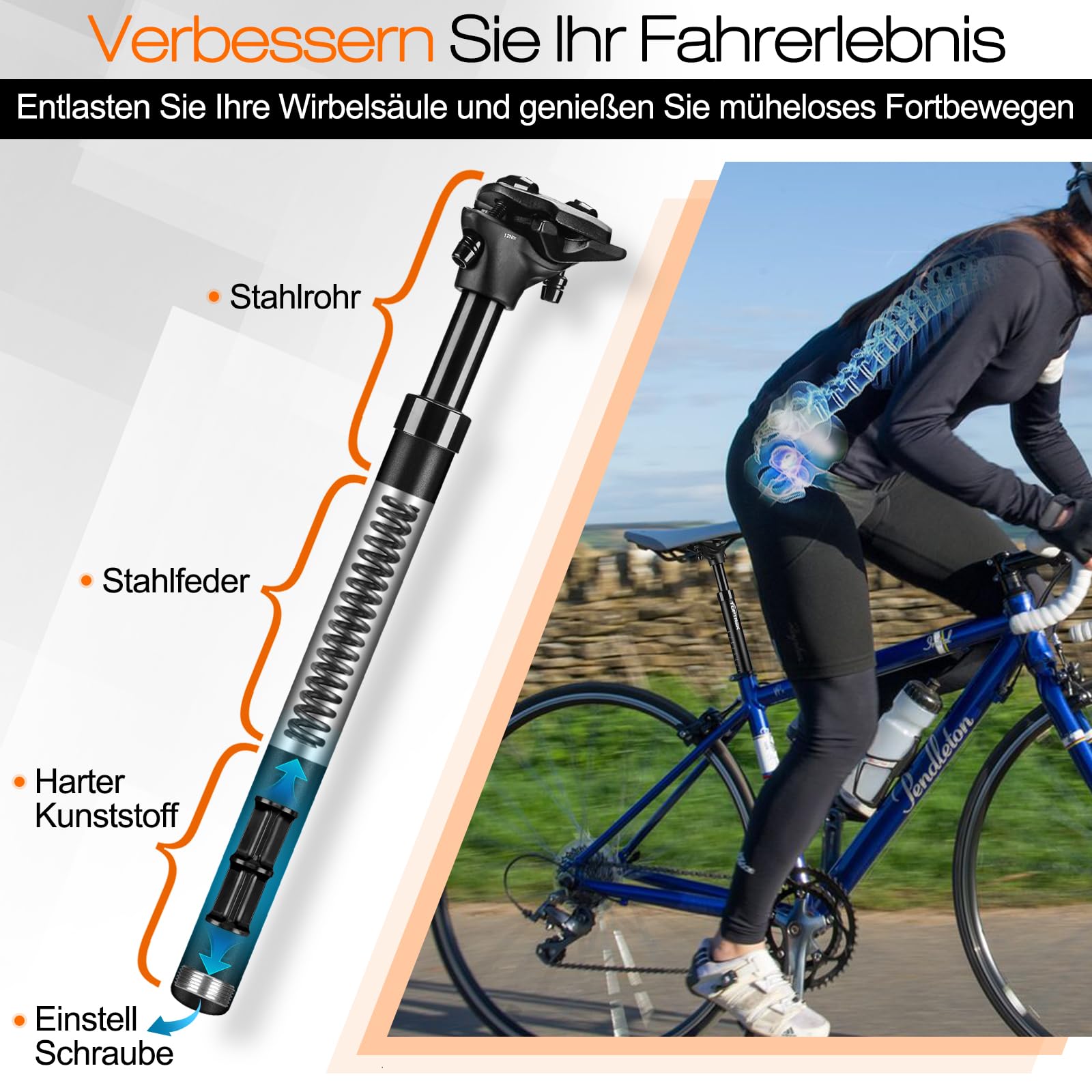 toptrek Tija de sillín con resorte de 30,9 mm, tija de sillín con 3 muelles incluidos, tija de sillín de suspensión de 50 – 120 kg, suspensión para alivio de la columna vertebral, para bicicleta de