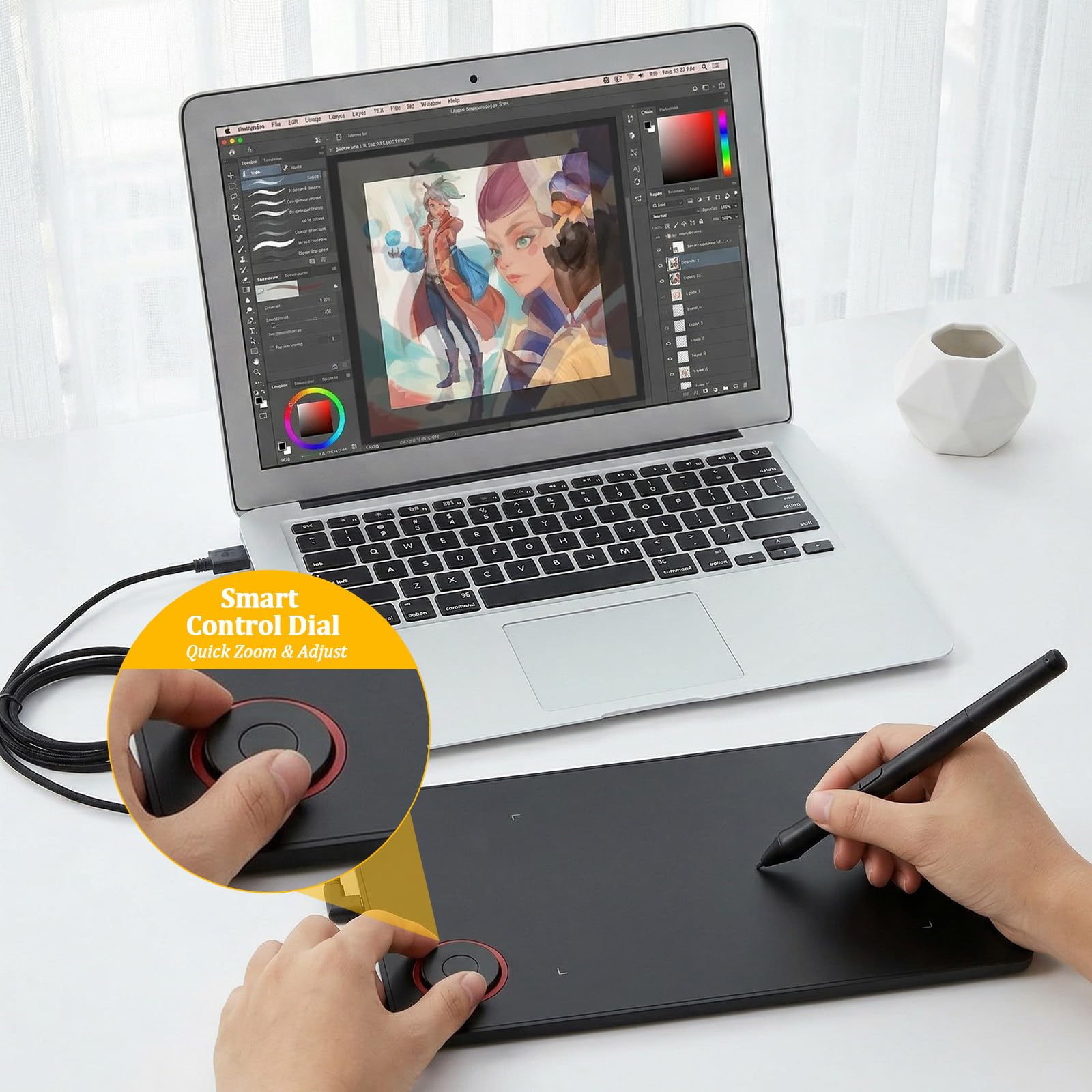 IMAGE Tablette graphique portable de 22,6 x 13,5 cm avec 8 192 niveaux de stylet sans pile et 1 cercle magique, 4 touches rapides, compatible avec Windows/Mac/Android pour la peinture, le design et