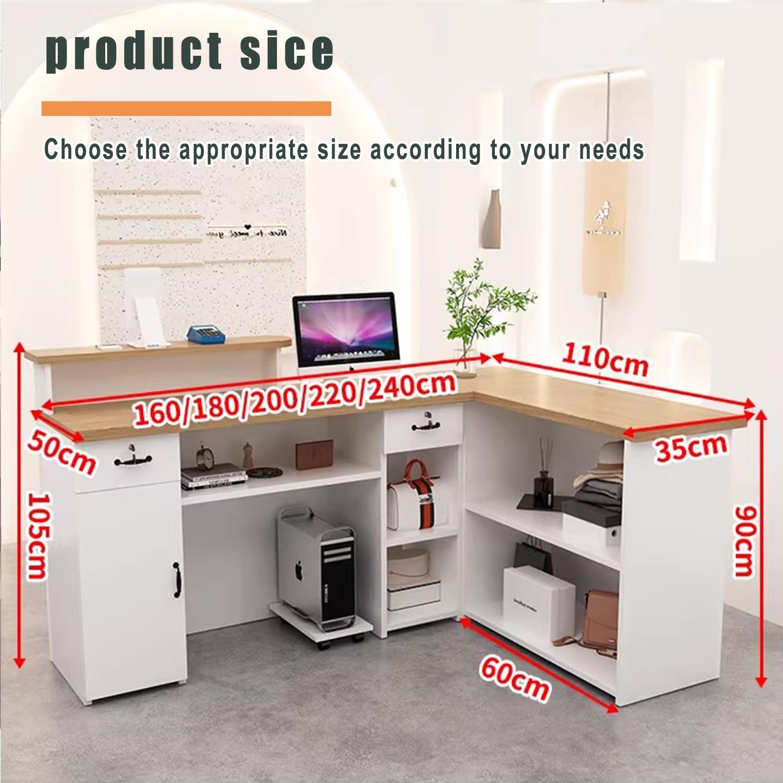 Mostrador de Recepción, Mesa de Mostrador con Cajones De Almacenamiento Y Estantes Abiertos, para Salones(Wood+Off-White righ,180cm)