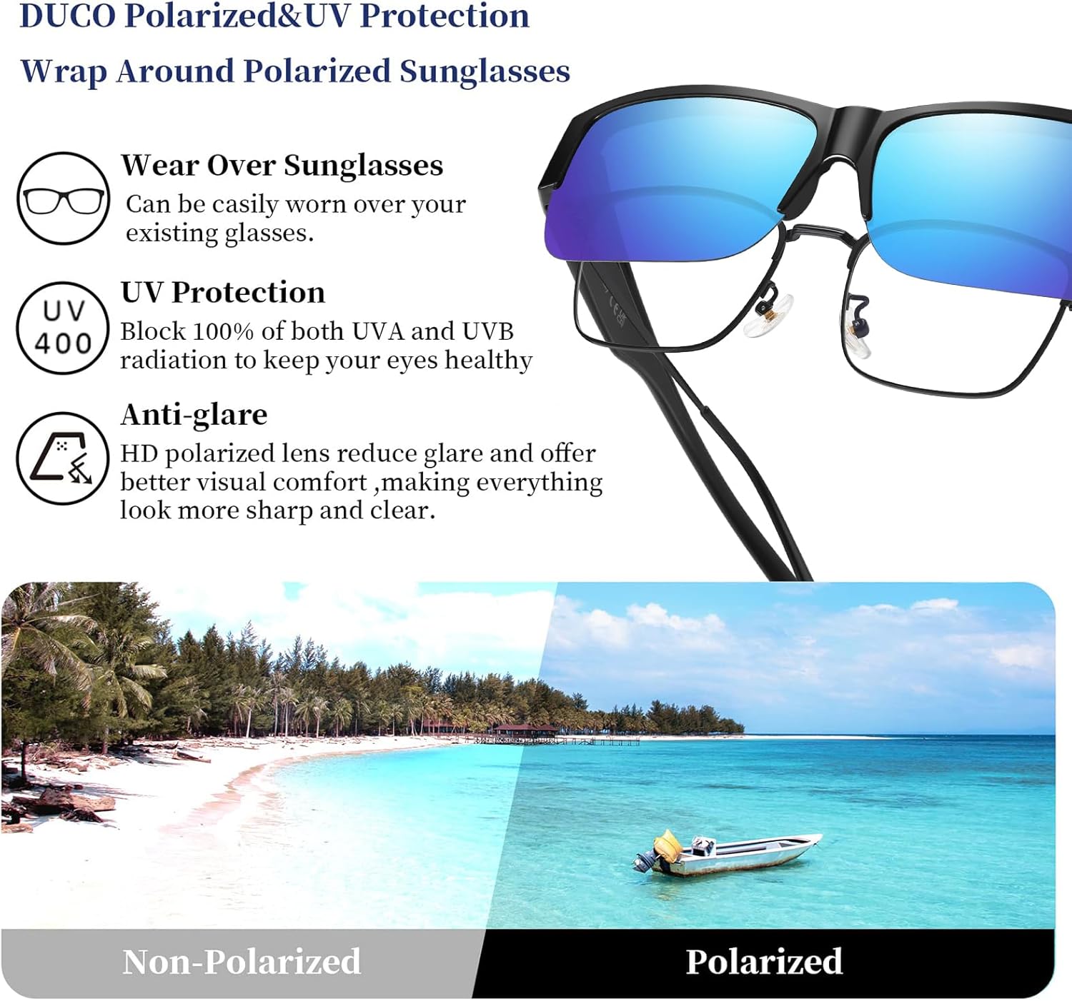 DUCO Polarized Fit Over Sunglasses for Men Women, Semi-Frame Wrap Around UV400 Protection TR90 Frame Driving Shades DC8992