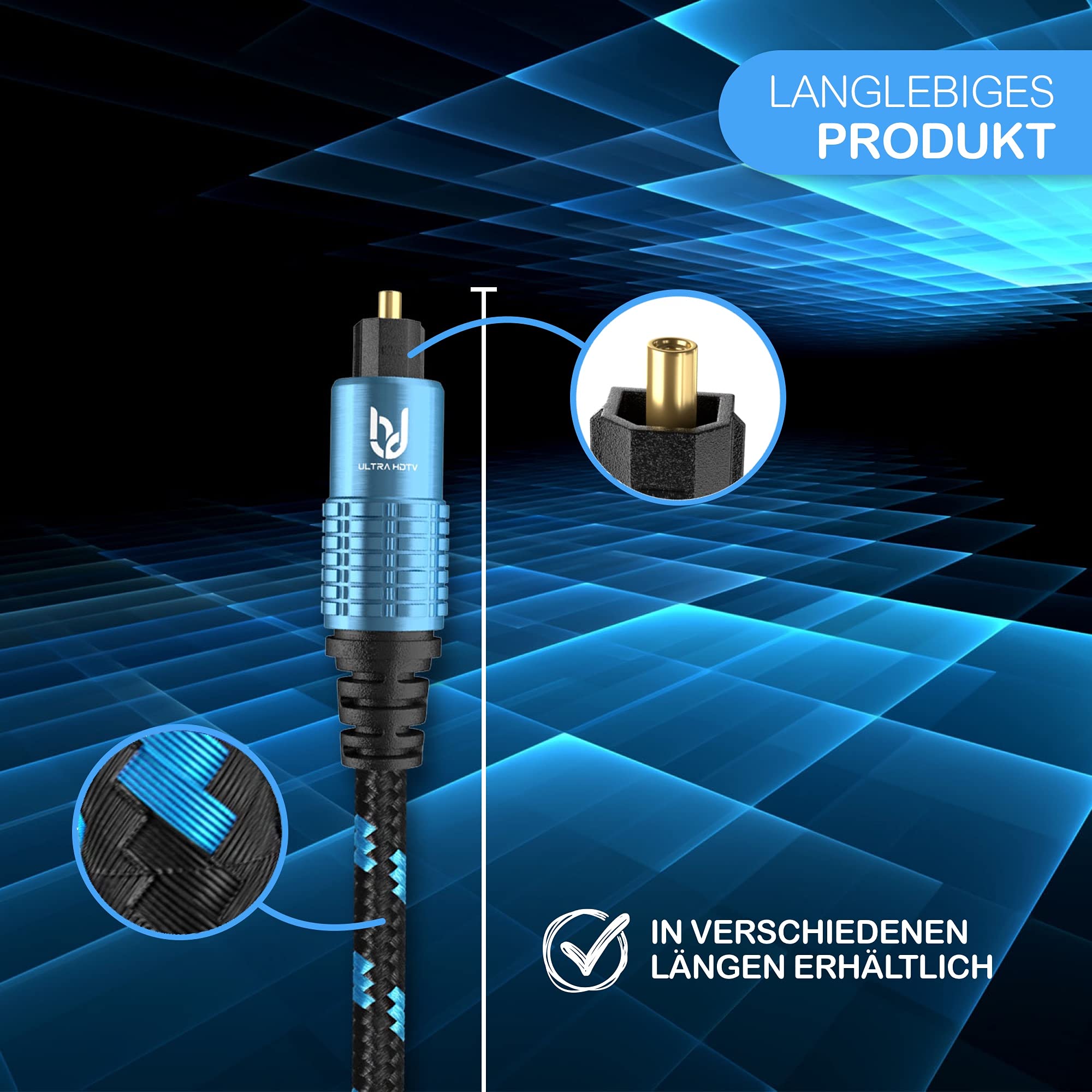 Cavo Ultra HDTV Premium Toslink - Cavo audio ottico da 15 metri, cavo digitale con protezione antipiega, guaina in nylon, pressacavo e spine completamente in metallo con una perfetta aderenza