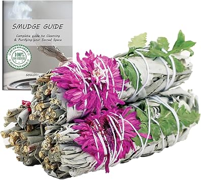 Ancient Veda Floral White Sage Organic Smudge Sticks with Flowers 3 Pack for Cleansing Home, Meditation, Yoga, Healing and Smudging | Sustainably Sourced California White Sage Bundles Dahlia