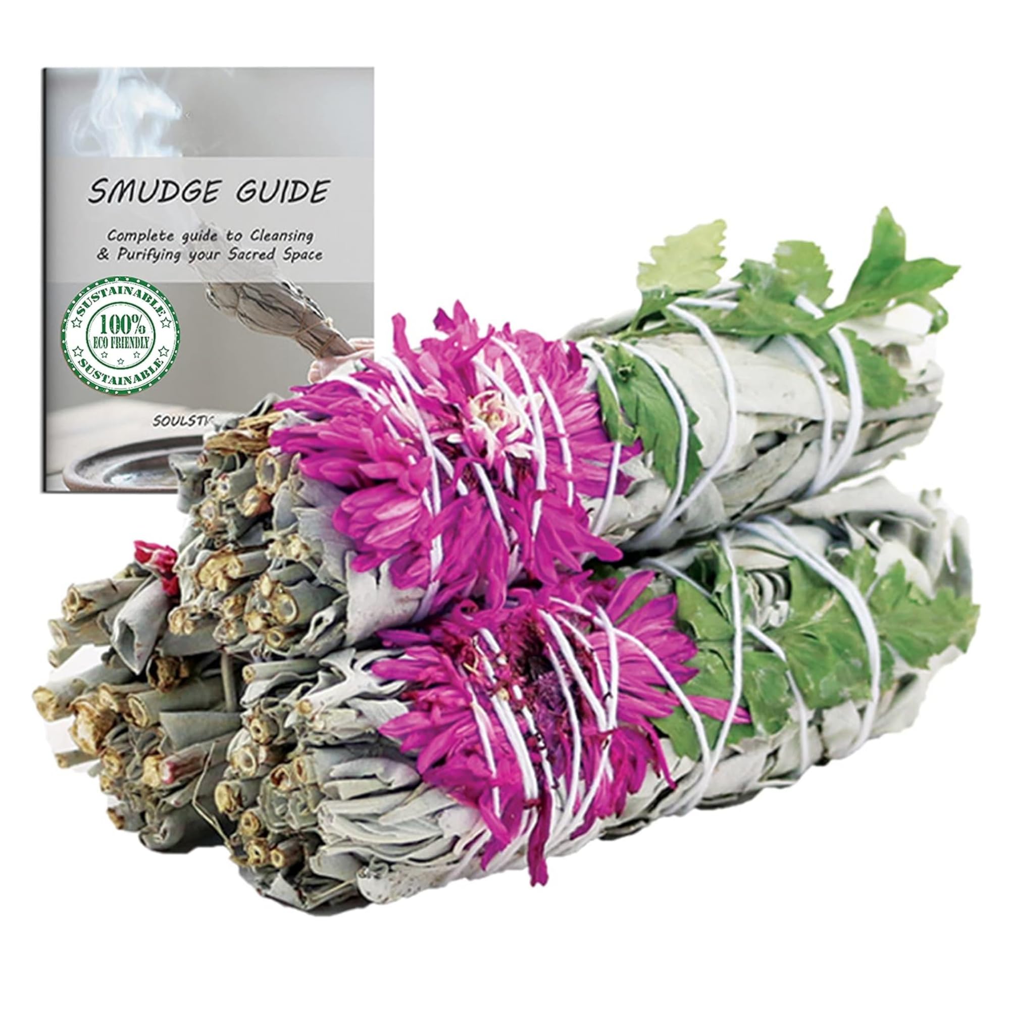 Ancient Veda Floral White Sage Organic Smudge Sticks with Flowers 3 Pack for Cleansing Home, Meditation, Yoga, Healing and Smudging | Sustainably