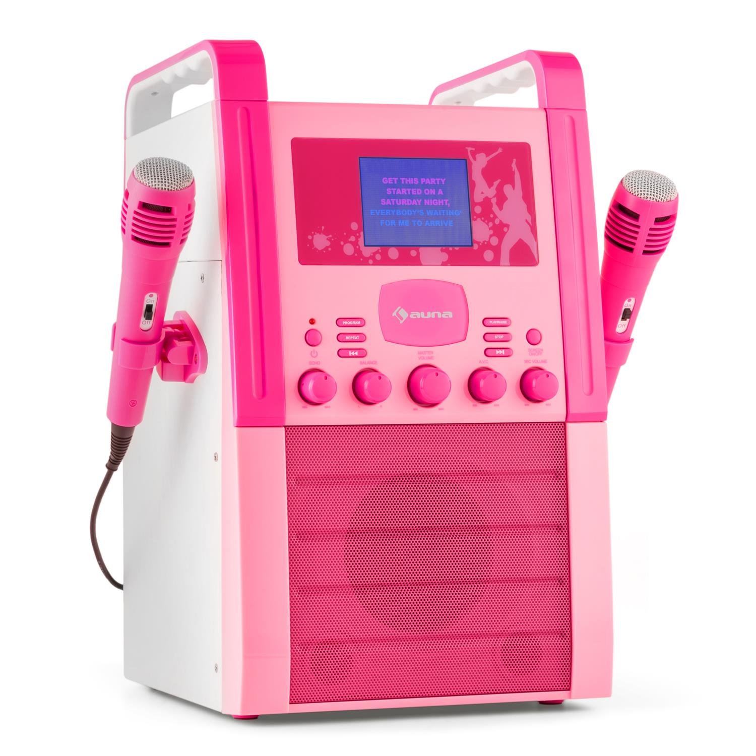AUNA KA8P-V2 BK - Reproductor de Karaoke, 2 micrófonos, Altavoces, Reproductor CD+G, Pantalla TFT, Salida Video, AUX, Rosa