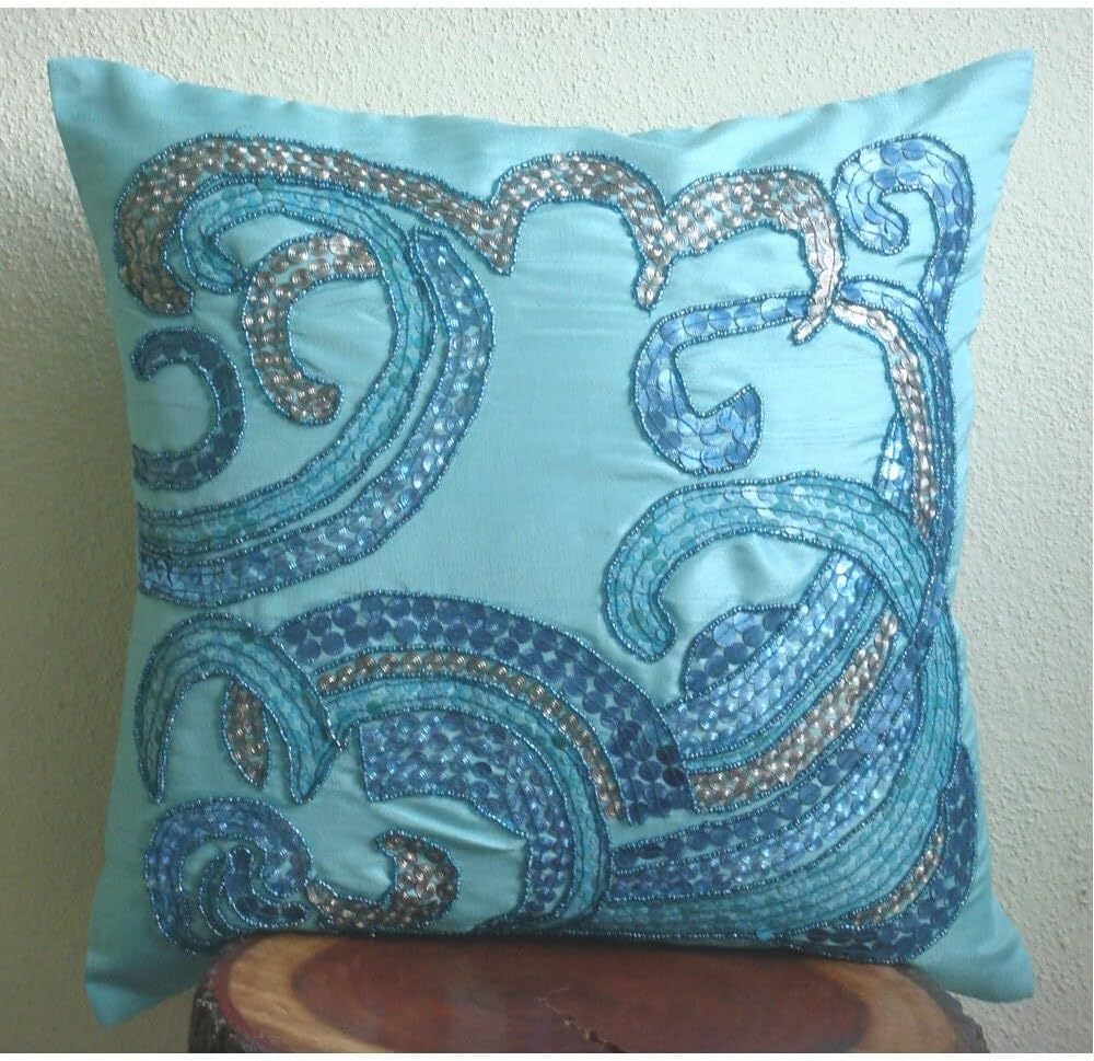 The HomeCentric Aqua Blue Shams Sequins & Beaded Beach and Ocean Theme Pillow Shams Pack of 2 24x24 inch (60x60 cm) Pillow Sham Square Silk Pillow Shams Mediterranean Pillow Shams Abstract - Tides