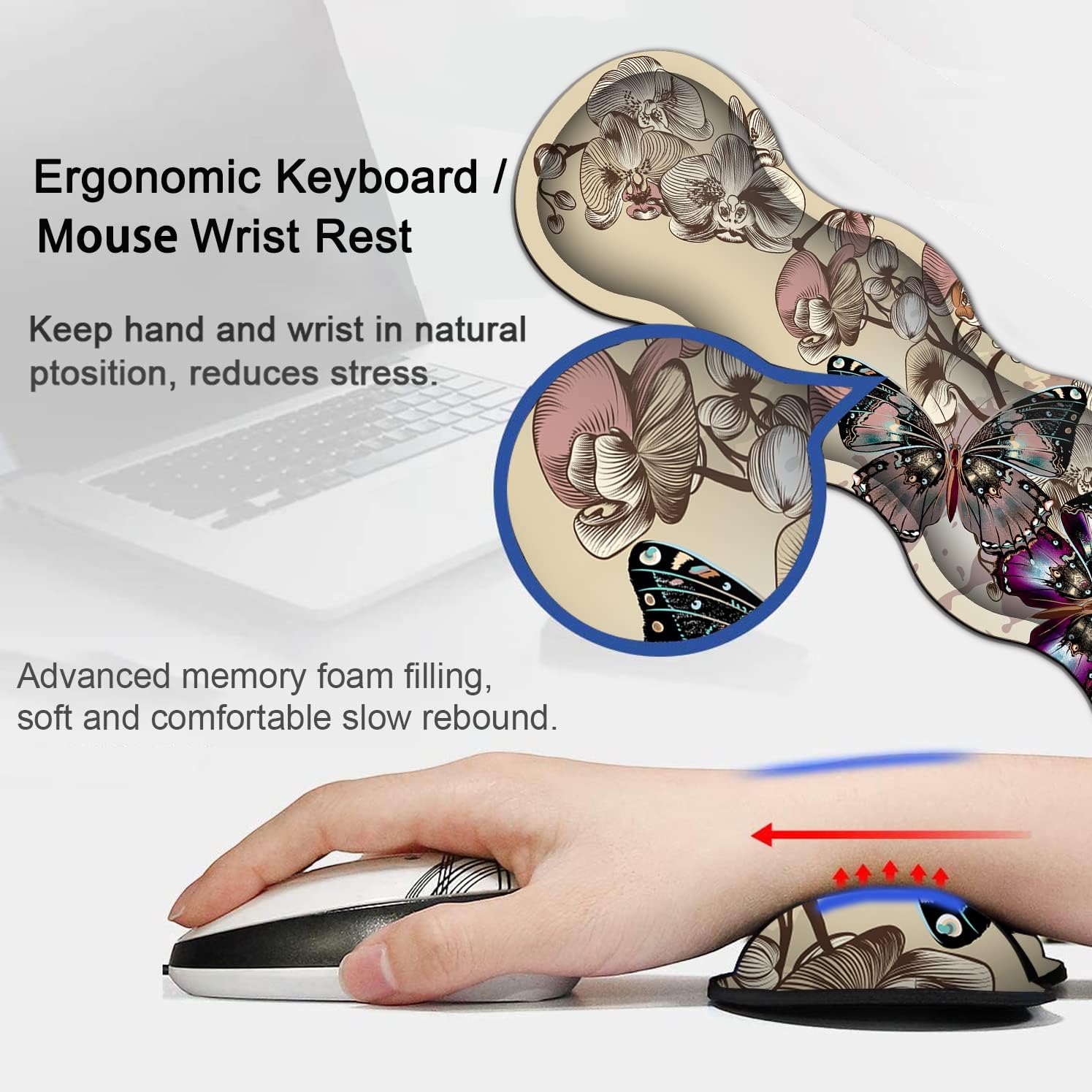 Butterfly XXL Desk & Mouse Pad Set - Extended Gaming Pad with Ergonomic Memory Foam Wrist Rest Support - 31.5x11.8in Waterproof Home Office Mouse Mat