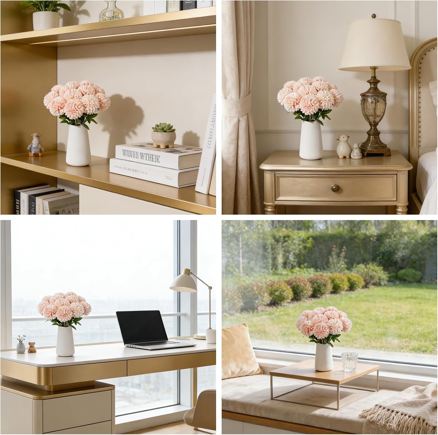 12Pcs Artificial Chrysanthemum Ball Flowers with Ceramic Vase, Faux Silk Mum Floral Arrangement for Table Centerpiece, Spring Home Decor, Wedding, Office, Coffee Display(Champagne Pink)