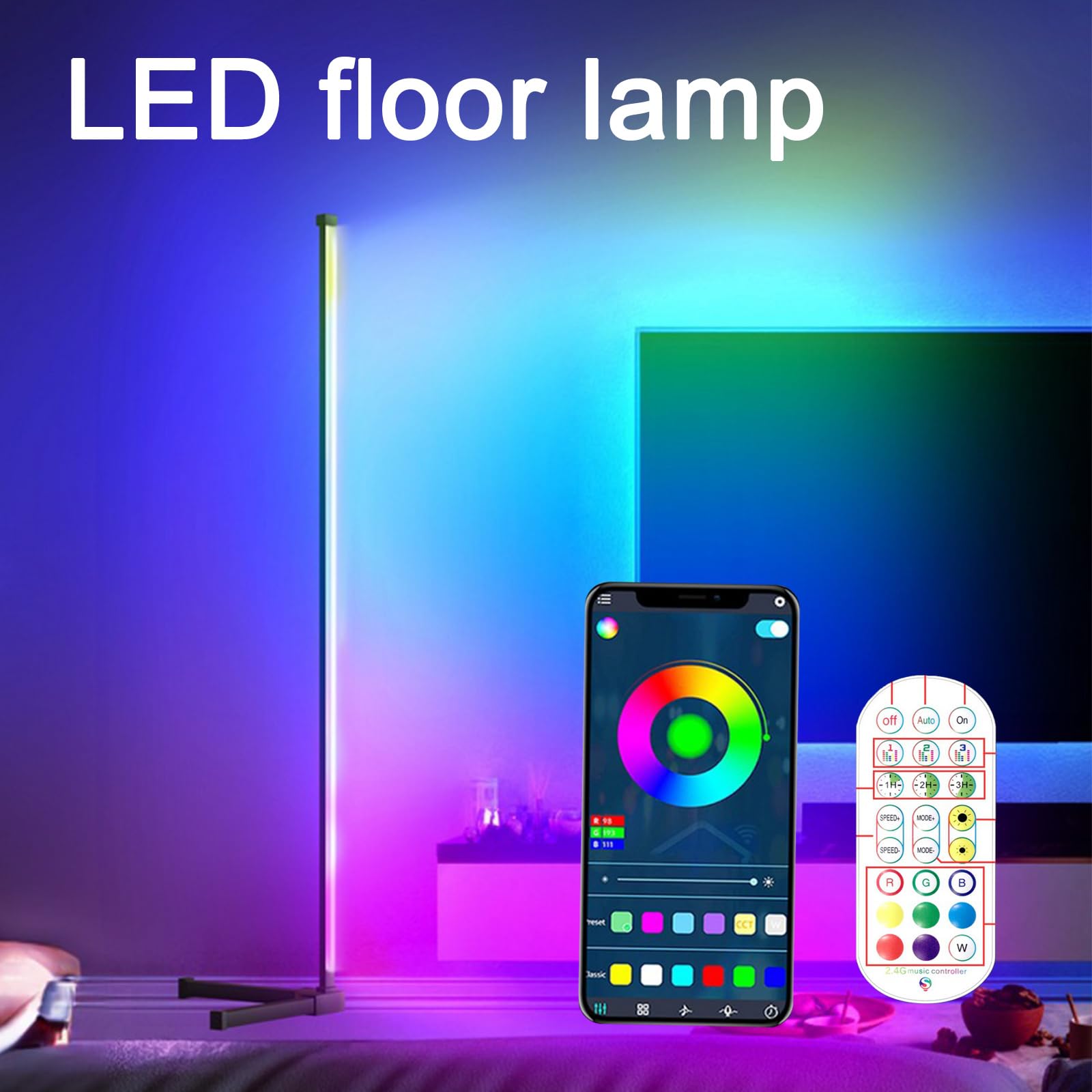RGB, narożna lampa podłogowa z aplikacją i pilotem zdalnego sterowania, ściemniana lampa stojąca LED z synchronizacją muzyki, idealna do salonu i sypialni