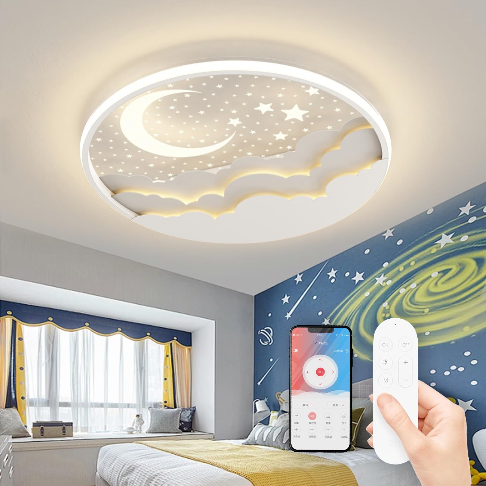 Lampara de Techo Infantil LED, Lámpara de Techo Creative Star and Moon, Lampara Techo Dormitorio 3000K-6000K Regulable con Control Remoto, Luz de techo para Dormitorio de Niños y Niñas, Blanco,40cm