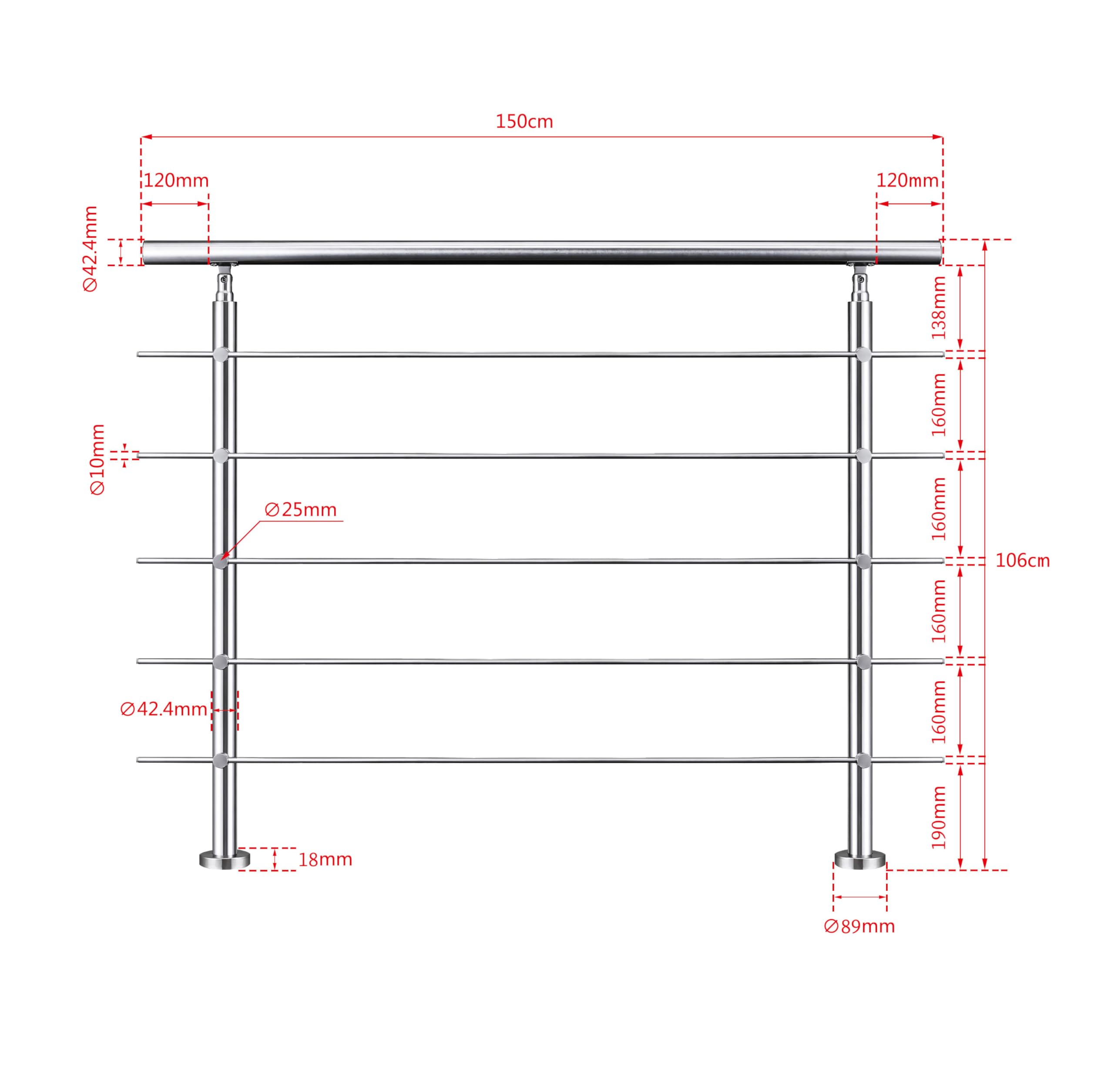 Edelstahl Geländer Handlauf Treppengeländer 150x106cm 5 Querstäben