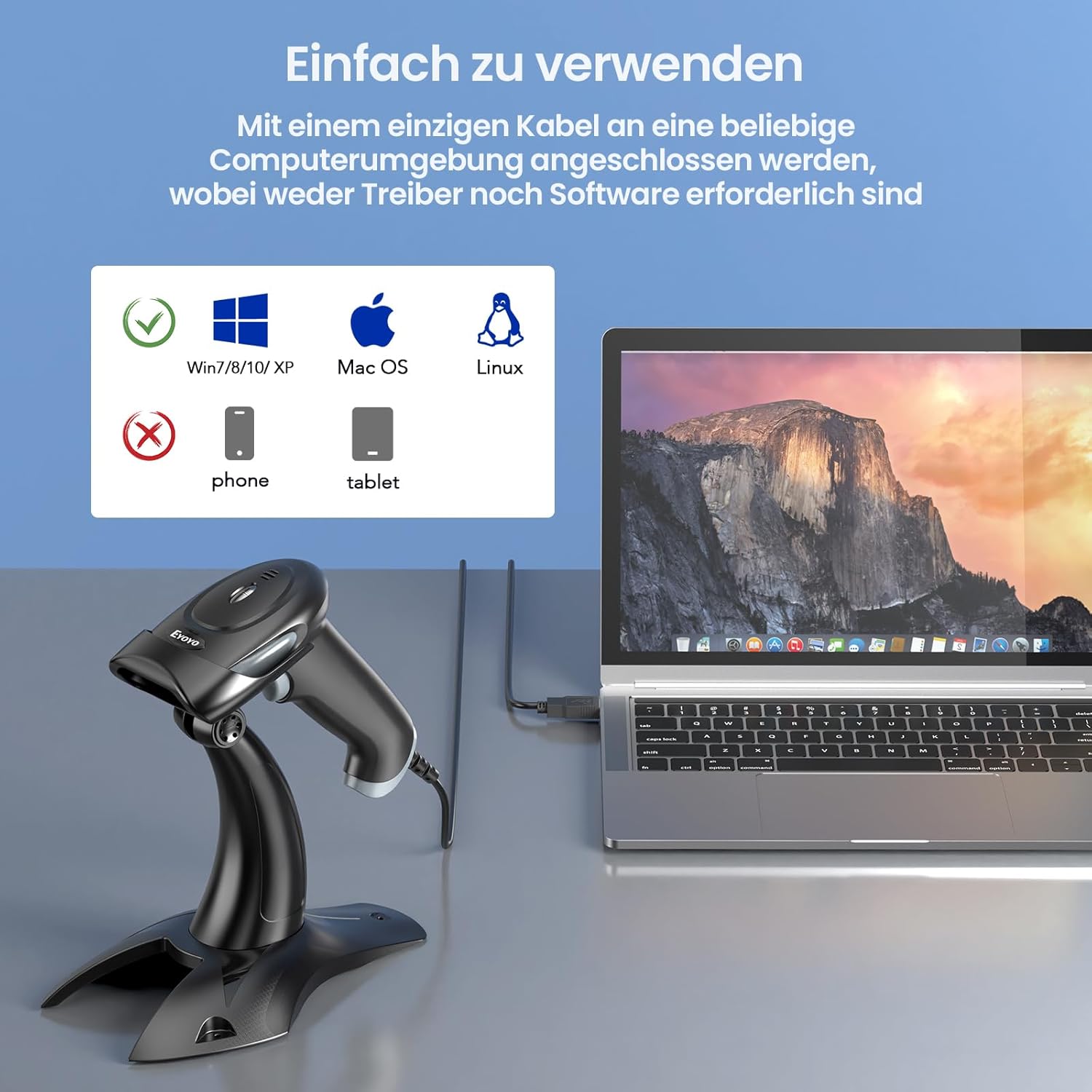 Eyoyo barcode scanner connected to a laptop via USB cable
