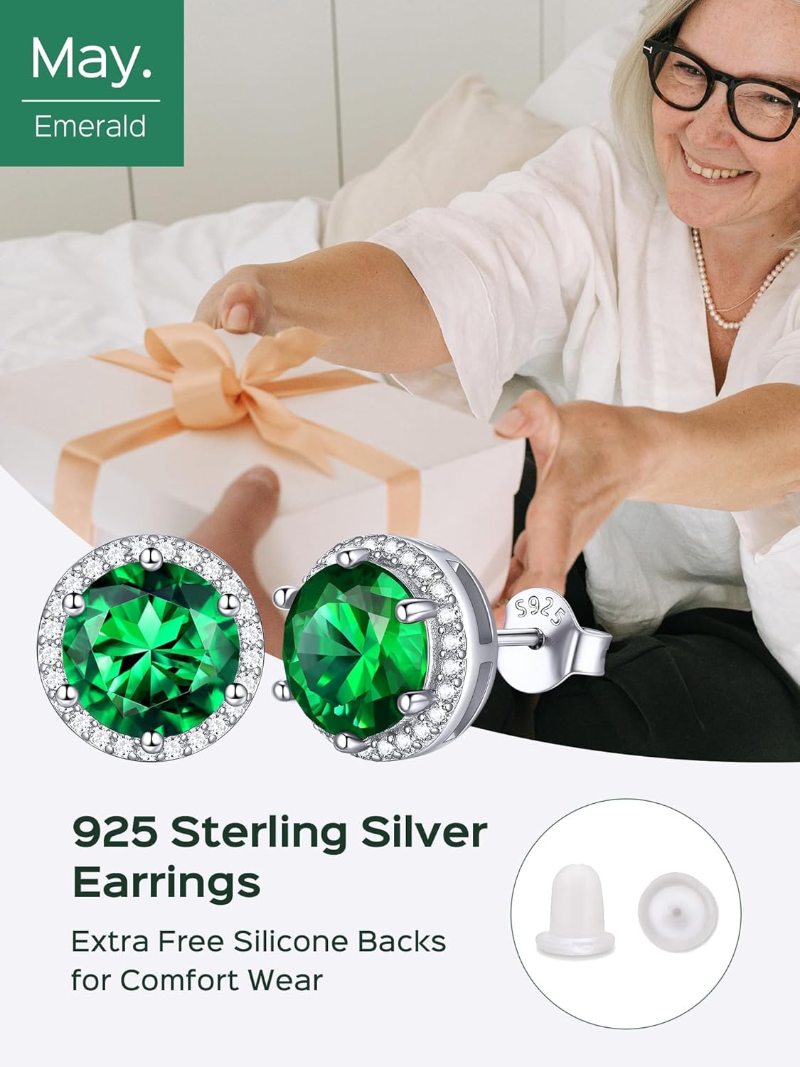 ChicSilver 925 Sterling Silver Birthstone Earrings for Women, 8MM/2 Carat Heart & Round Cubic Zirconia Stud Earrings, Hypoallergenic Jewelry, Ideal Birthday or Christmas Gifts - Image 7