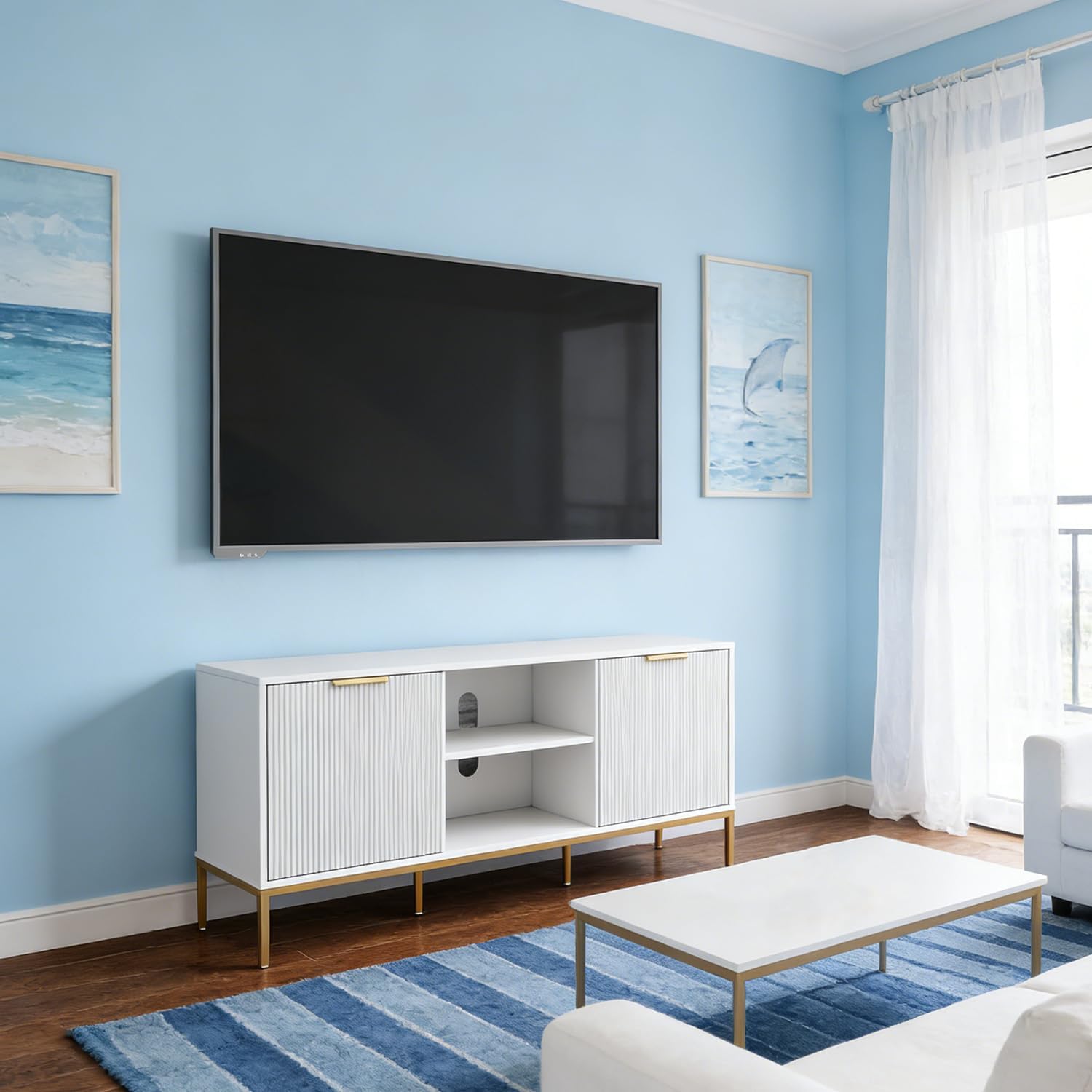 47'' Modern White TV Stand for 65 Inch TV, Mid Century Modern Fluted TV Console, Farmhouse Entertainment Center with Storage Cabinet for Living Room, Bedroom, Gold Metal Legs
