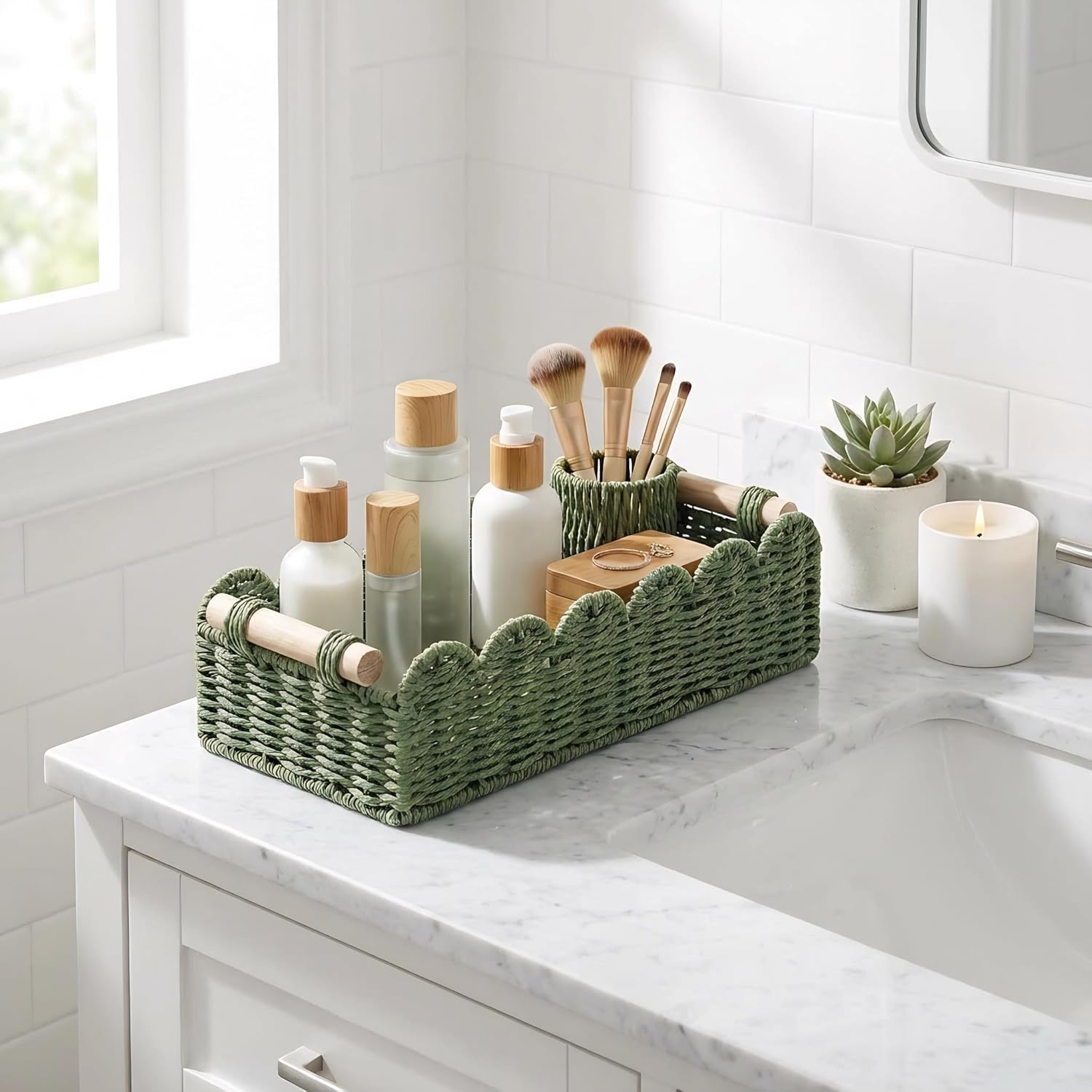 CubesLand Scalloped Edge Decor Baskets for Home, Living Room, Toilet Paper Storage Basket for Over Toilet Shelf, End Table,Shelves and More, Small Paper Rope Baskets Both Storage&Decor, Set 2 Green