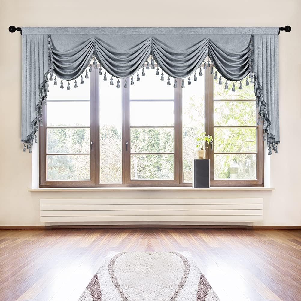 Thick Chenille Window Curtains Valance for Living Room Silver Grey Waterfall Valance for Bedroom,Rod Pocket (W118inch, 1 Panel)