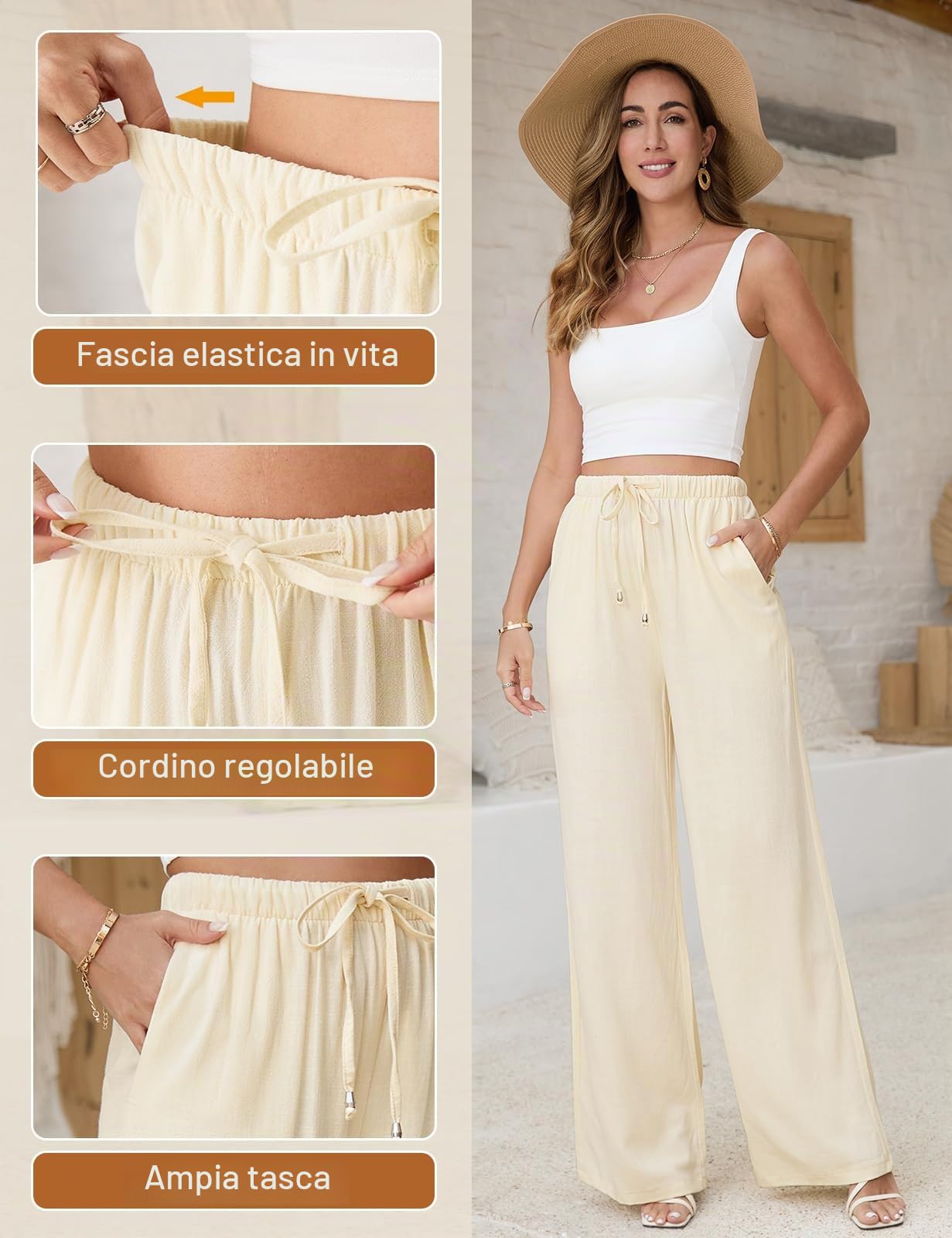 Voqeen Pantaloni Estivi da Donna in Lino Pantaloni Casual in Cotone e Tessuto di Lino Pantaloni Casual Monocromatici Pantaloni da Spiaggia a Vita Alta e Gamba Larga con Tasche