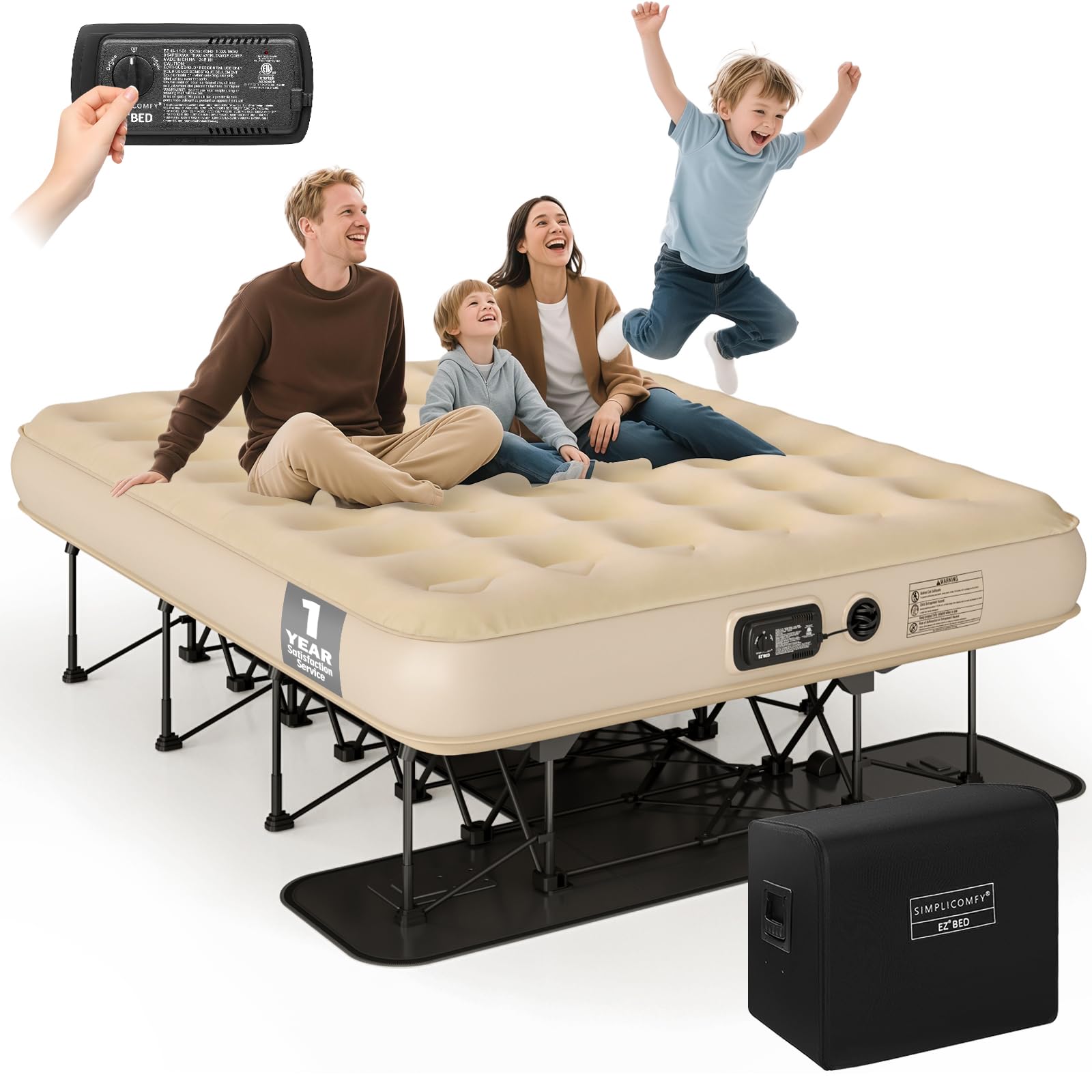 Simpli Comfy Queen EZ Bed Self-Inflating Air Mattress with Built-in Frame, Pump and Wheeled Case, Blow Up Inflatable Rolling Air Bed on Wheels