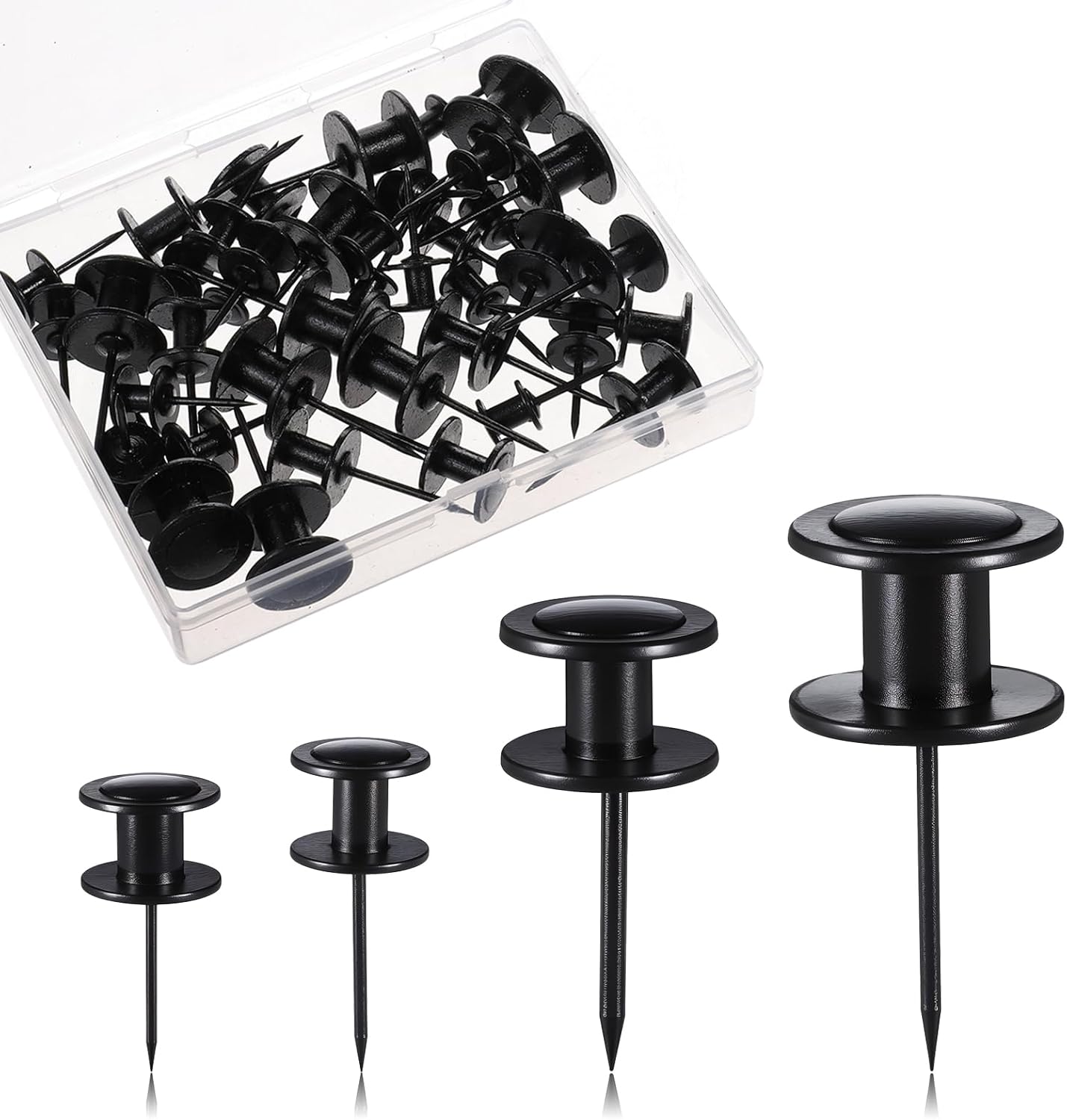40 PCS Picture Hanging Nails, 4 Size Black Thumb Tacks Picture Hanger Renter Friendly Wall Hooks Double-Headed Long Push Pins Decorative for Tapestry Frame Art Drywall Cork Board