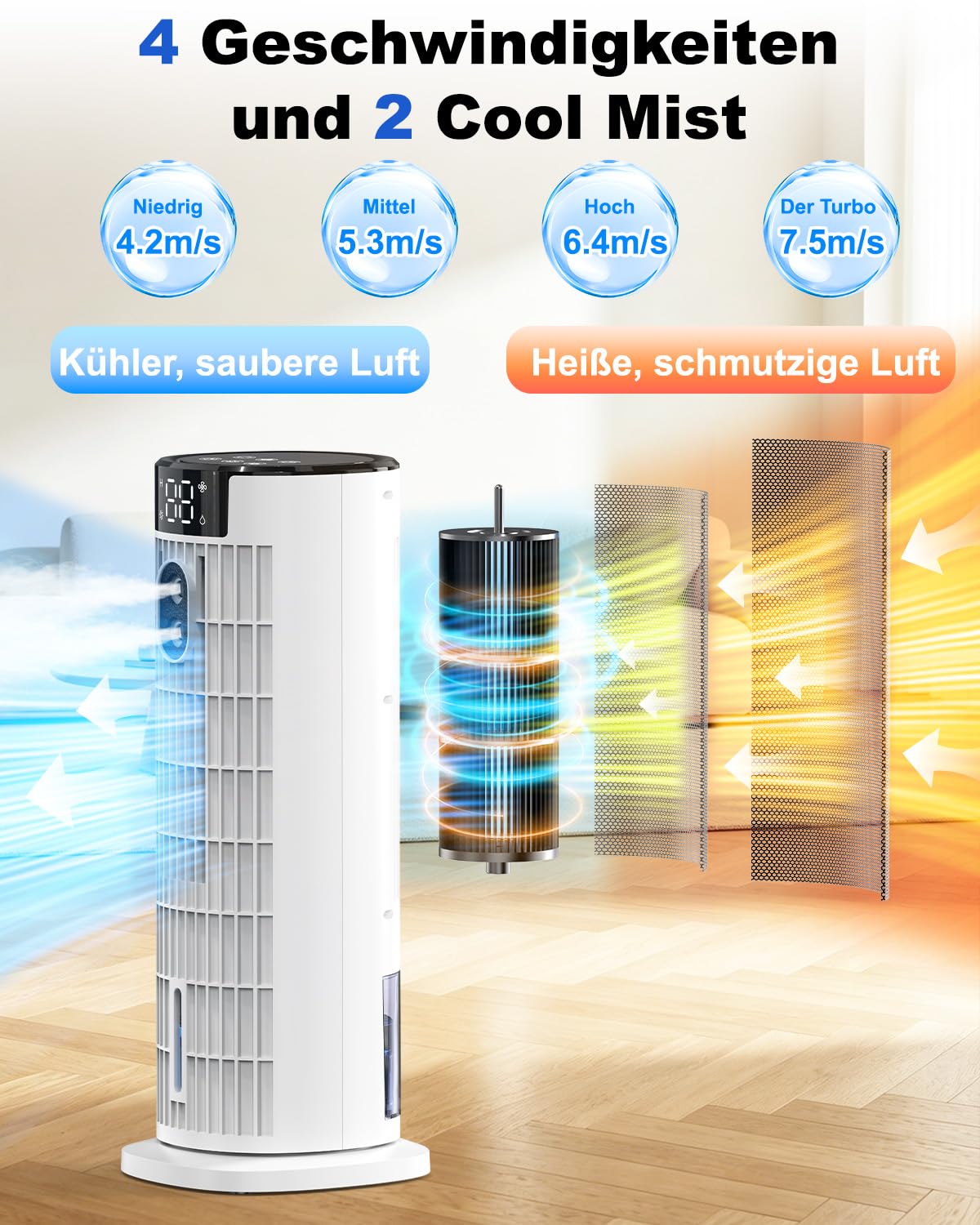 Mobile Klimaanlage 6 in 1 Turmventilator, 90° Oszillation, Timer, LED-Bildschirm, Luftkühler für Zuhause Büro Weiß