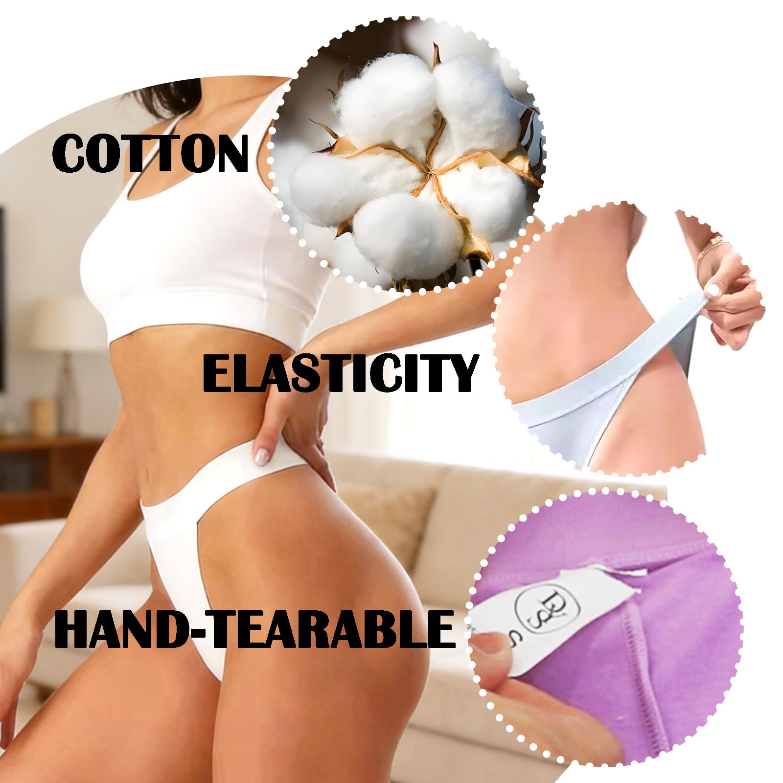 Lot de 4 strings taille haute pour femme - En coton respirant - Sans couture - Sous-vêtements en coton - Pour le sport, le quotidien, le travail, la plage