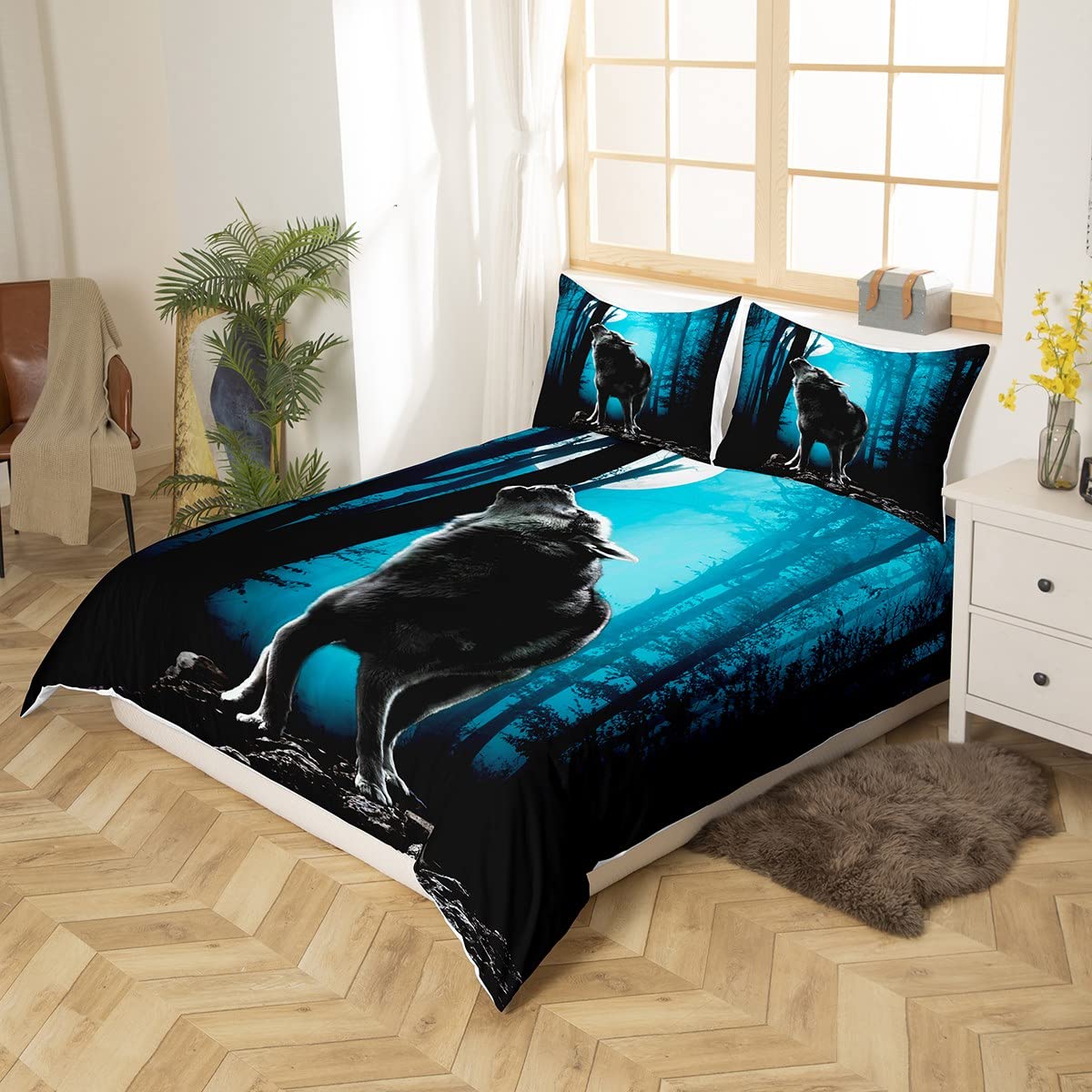 Feelyou Boys Bedding Set Wolf Print Comforter Cover Queen Size for Kids Man Girls, Animal Print Duvet Cover Wildlife Pattern Bedspread Cover with 2 Pillow Shams, Tree Moon Howling Wolf Decor Bedding