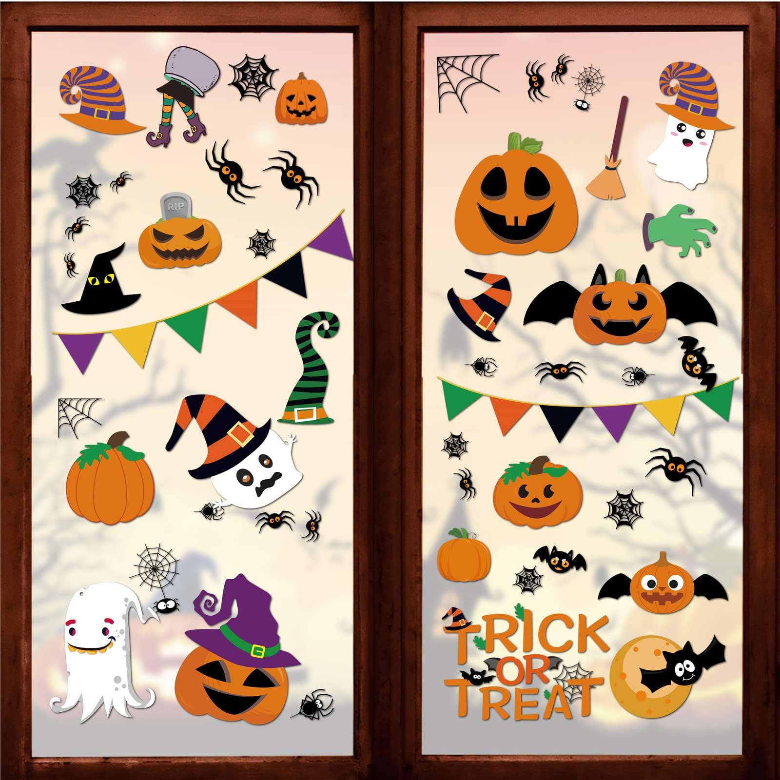 232 Pcs Halloween Decorations Window Clings Decals, 10 Sheet Large Halloween Black Spiders/Cute Pumpkins Stickers Decorations, Halloween Window Stickers for Kids/School/Home/Office Supplies