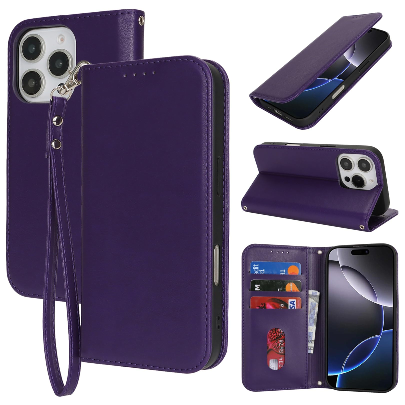 Jaorty Fit for iPhone 16 Pro Max 5G Phone Case Wallet with Wrist Strap for Women Men,Wallet Case for iPhone 16 Pro Max with Card Holder,Cash Pocket PU