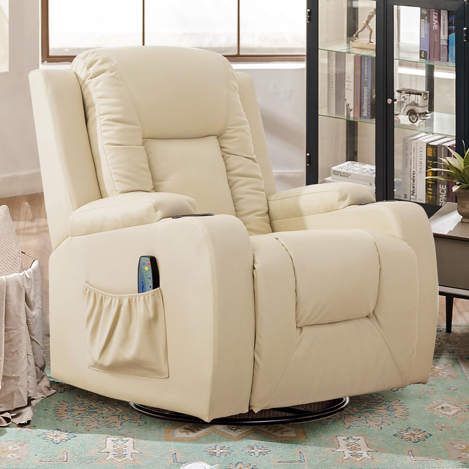 ComHoma Recliner Chair Massage Rocker with Heated Modern PU Leather Ergonomic Lounge 360 Degree Swivel Single Sofa Seat with Drink Holders Living Room Chair Cream White