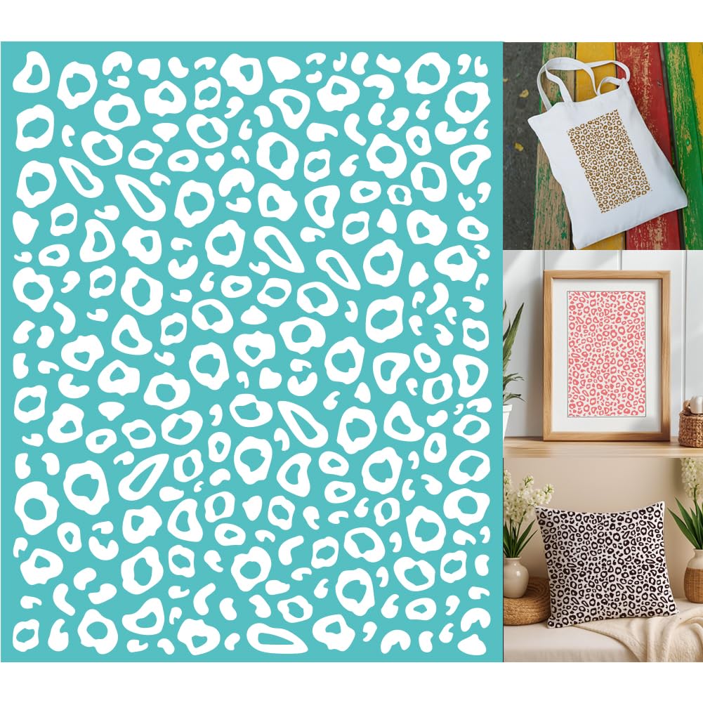 GOMAKERER 2 Sheets Silkscreen Stencil, Leopard Printing Stencils Templates Reusable Self-Adhesive Silk Screen for Painting on Wall, Wood, T-Shirt, Fabric, Home Craft Decor (8.7x11Inch)