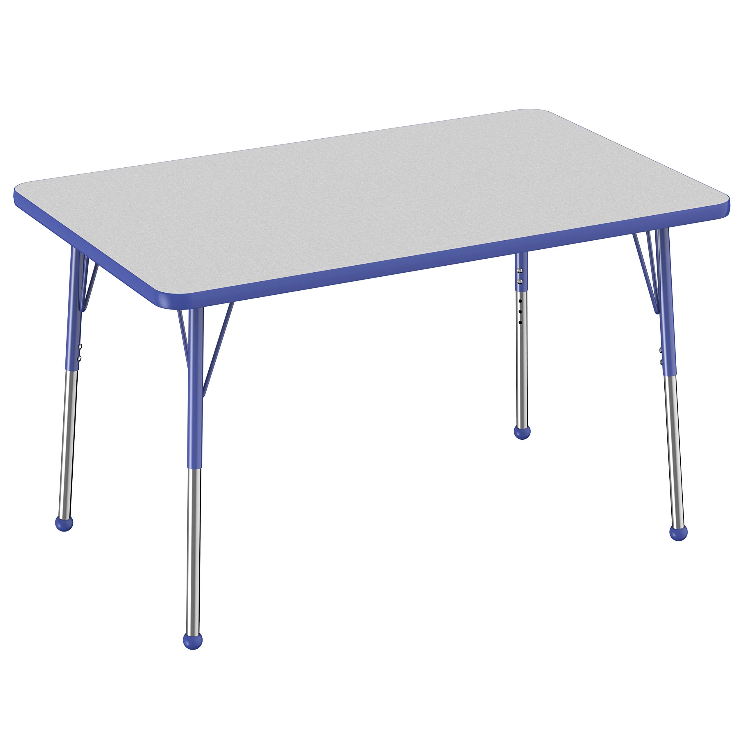 FDP Rectangle Activity School and Office Table (30 x 48 inch), Standard Legs with Ball Glides, Adjustable Height 19-30 inches - Gray Top and Blue Edge