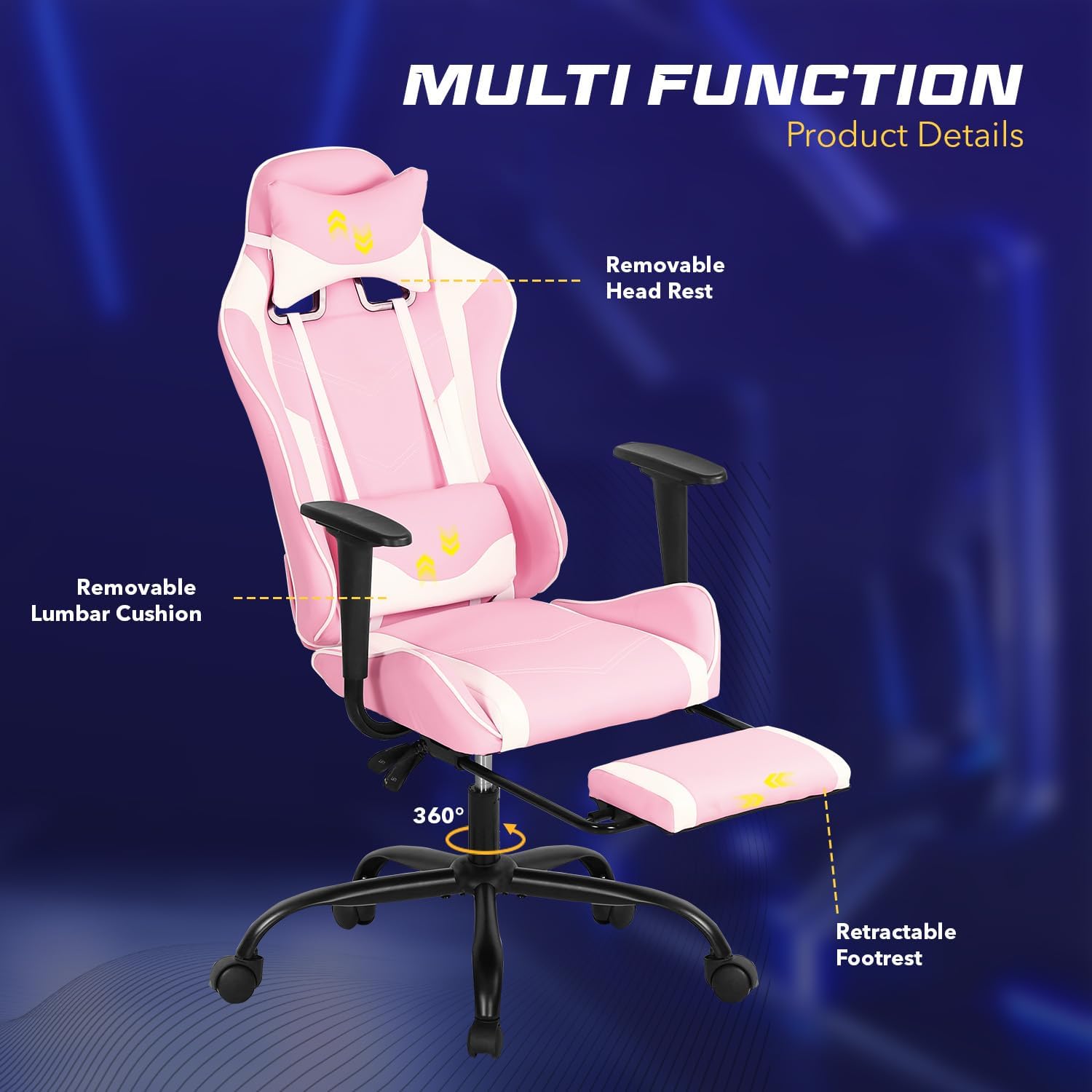 Dopinmin Gaming Chair, Computer Office Chair, Ergonomic Desk Chair Height Adjustable Recliner Swivel High Back with Lumbar Support, Footrest, Headrest, Racing Style Desk Chair,Pink