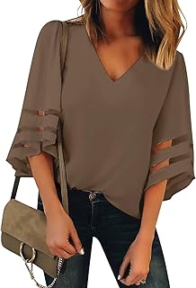 Blusa para mujer con paneles de malla, cuello en V, mangas acampanadas 3/4 y corte holgado