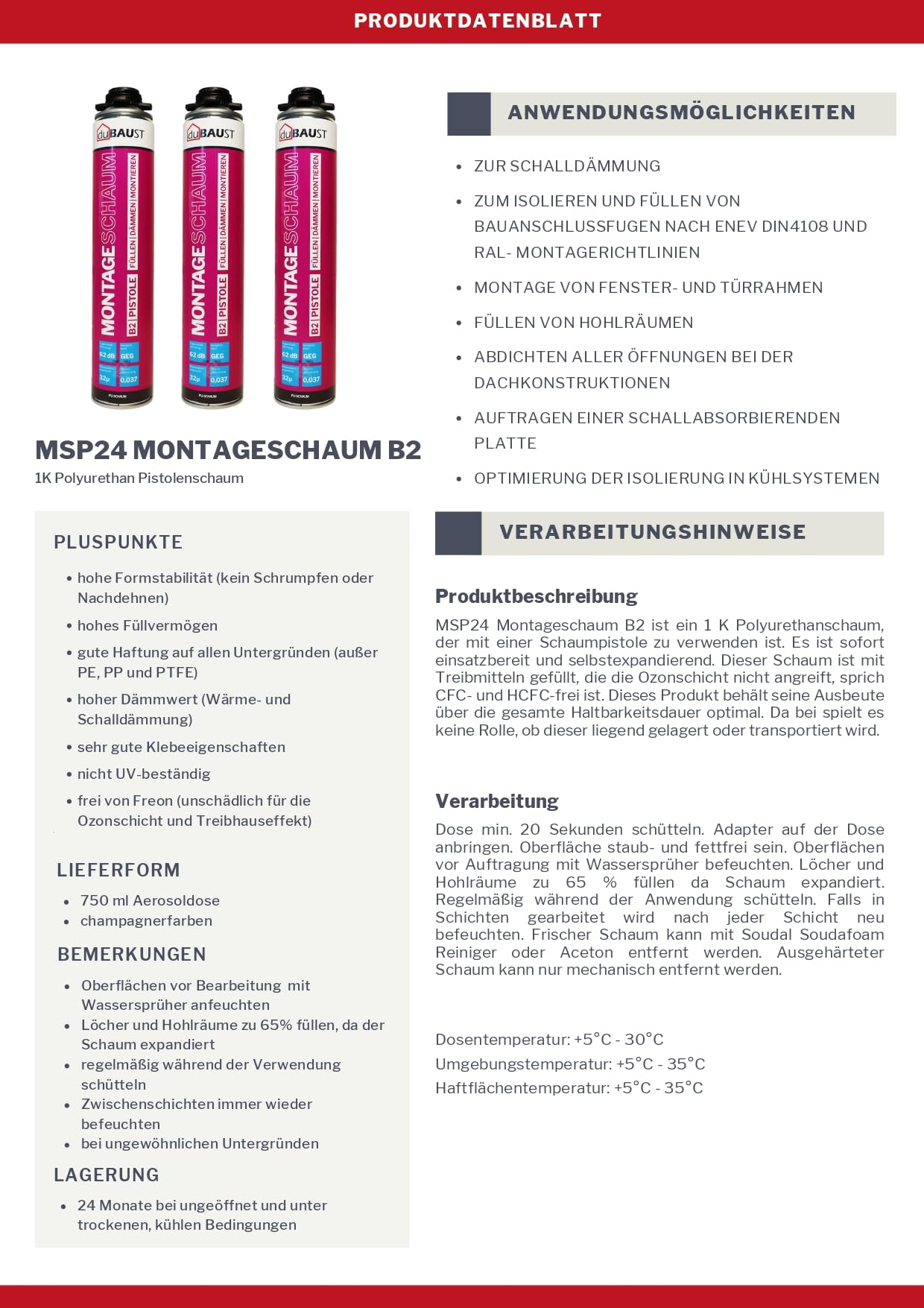 12x dubaust MSP24 Bauschaum Montageschaum Pistolenschaum 750ml Kombisets PU Füllschaum Dämmschaum hohe Schalldämmung Wärmedämmung Isolierend B2 750ml