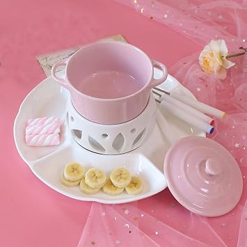 Ceramic Chocolate Fondue Pot Set for Cheese, Candy,Mini Butter warmer Bowl Party Set,Ceramic Hot Pot with 4 Dipping Forks,Buffet Server For the Melted Chocolate for Parties,Wedding,Banquet,CateringP