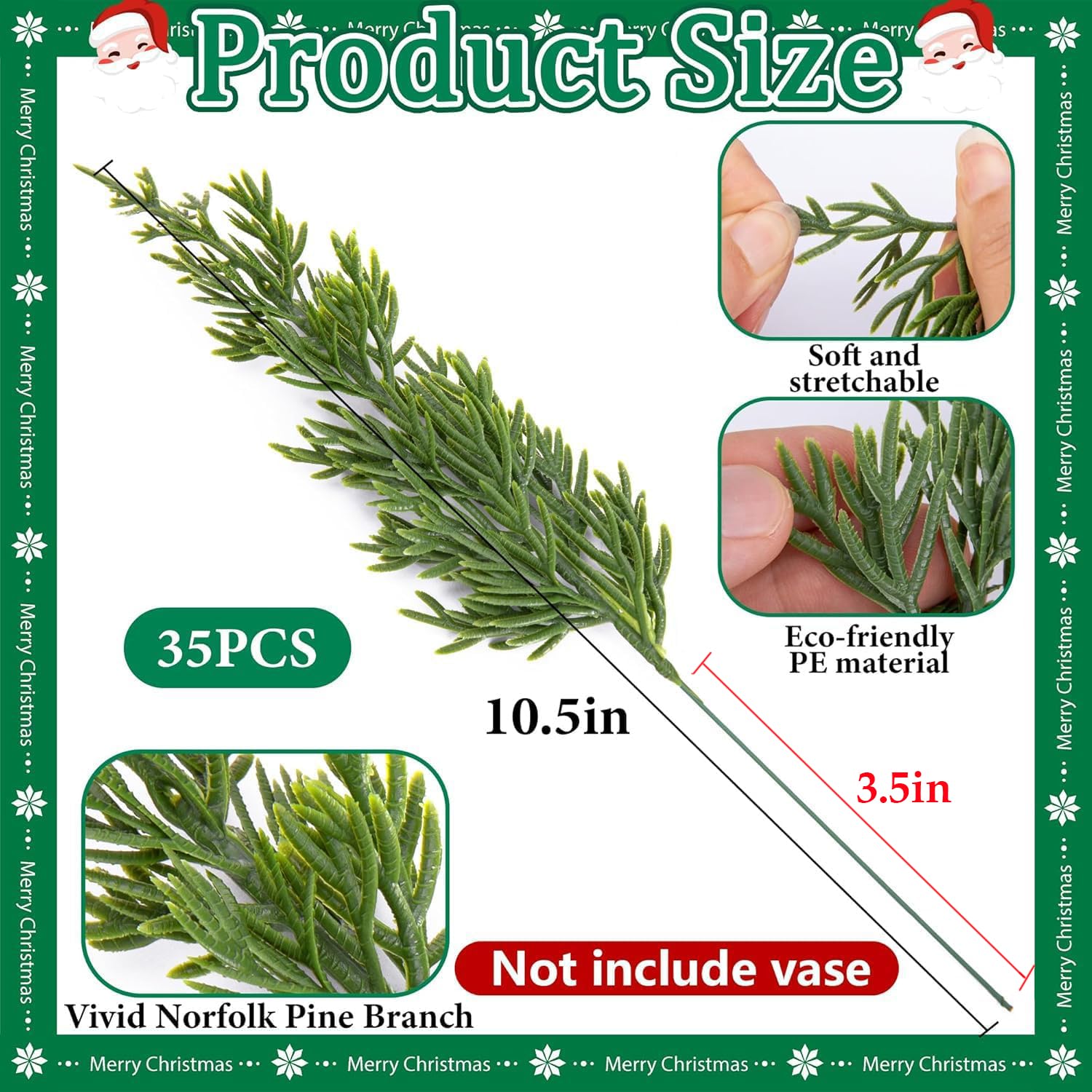 Watayo 45 Pcs Christmas Artificial Pine Branches with Red Berry Stems, 10.5" Faux Evergreen Norfolk Pine Cypress Leaves Stems, Fake Foliage Pine Needles Picks for DIY Craft Garland Home Decor