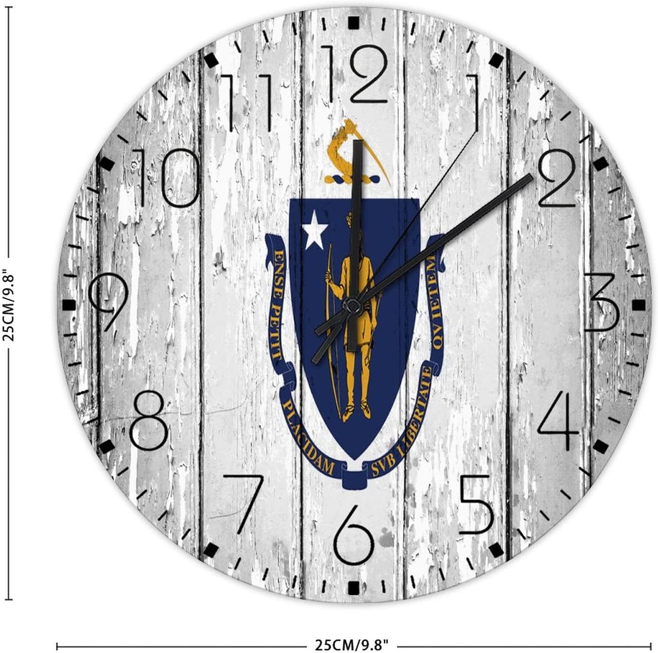 10 Inch Silent Non-Ticking Wall Clocks Battery Operated Massachusetts Wall Decor for Patio US City State Pride Patriotic Frameless Round Wooden Wall Clock Vintage for Daycare New Home