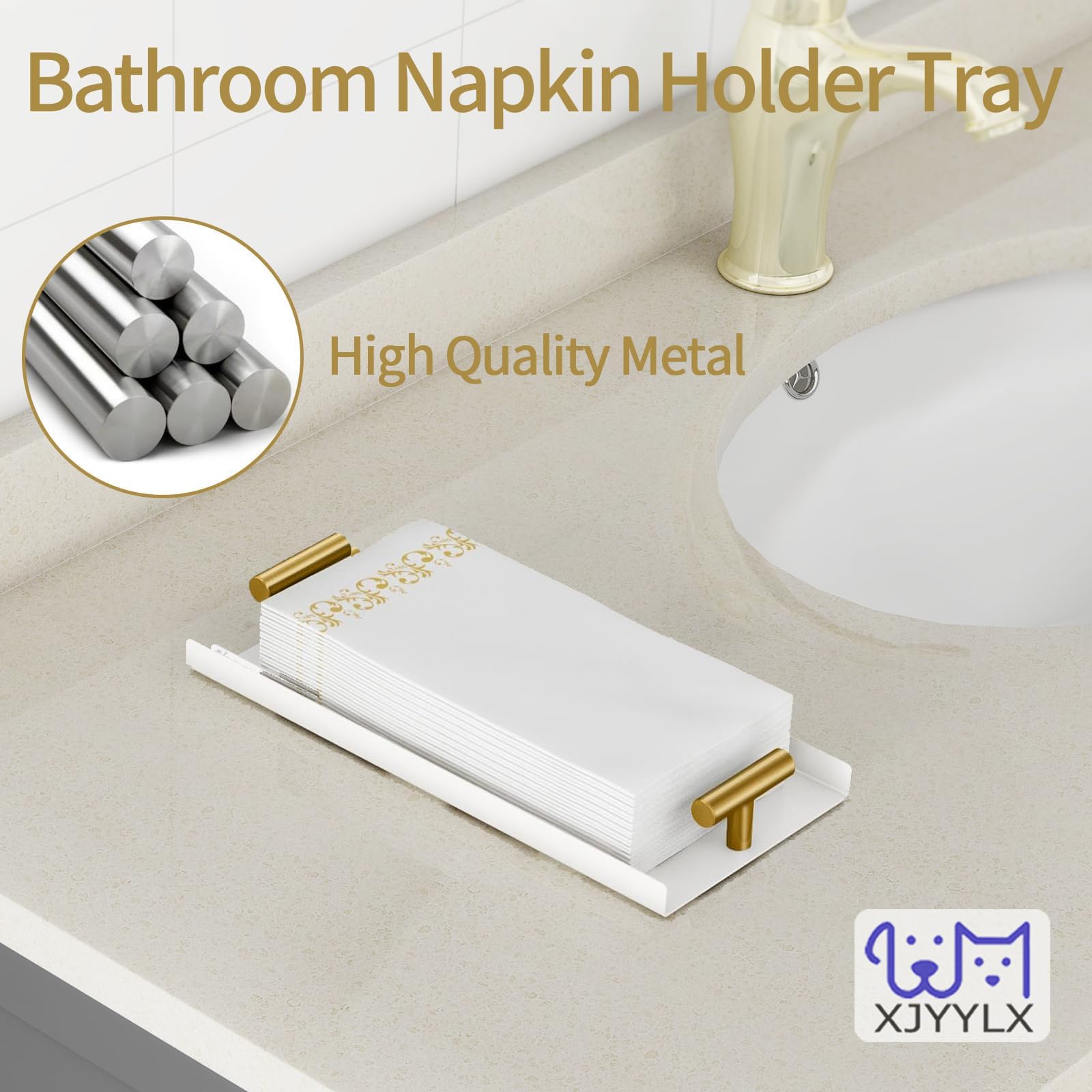 XJYYLX Napkin Holder for Bathroom, Guest Towel Holder Tray for Bathroom, White Guest Napkin Holders with Golden T-Handle, Disposable Hand Towel Tray for Guest Room, Table, Kitchen, White