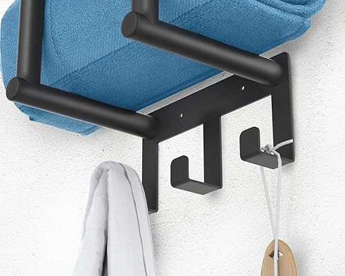 Miniatura 3 de BETHOM - Toallero montado en la pared, con estante de metal y 3 ganchos para baño pequeño, almacenamiento de toallas en la pared puede contener