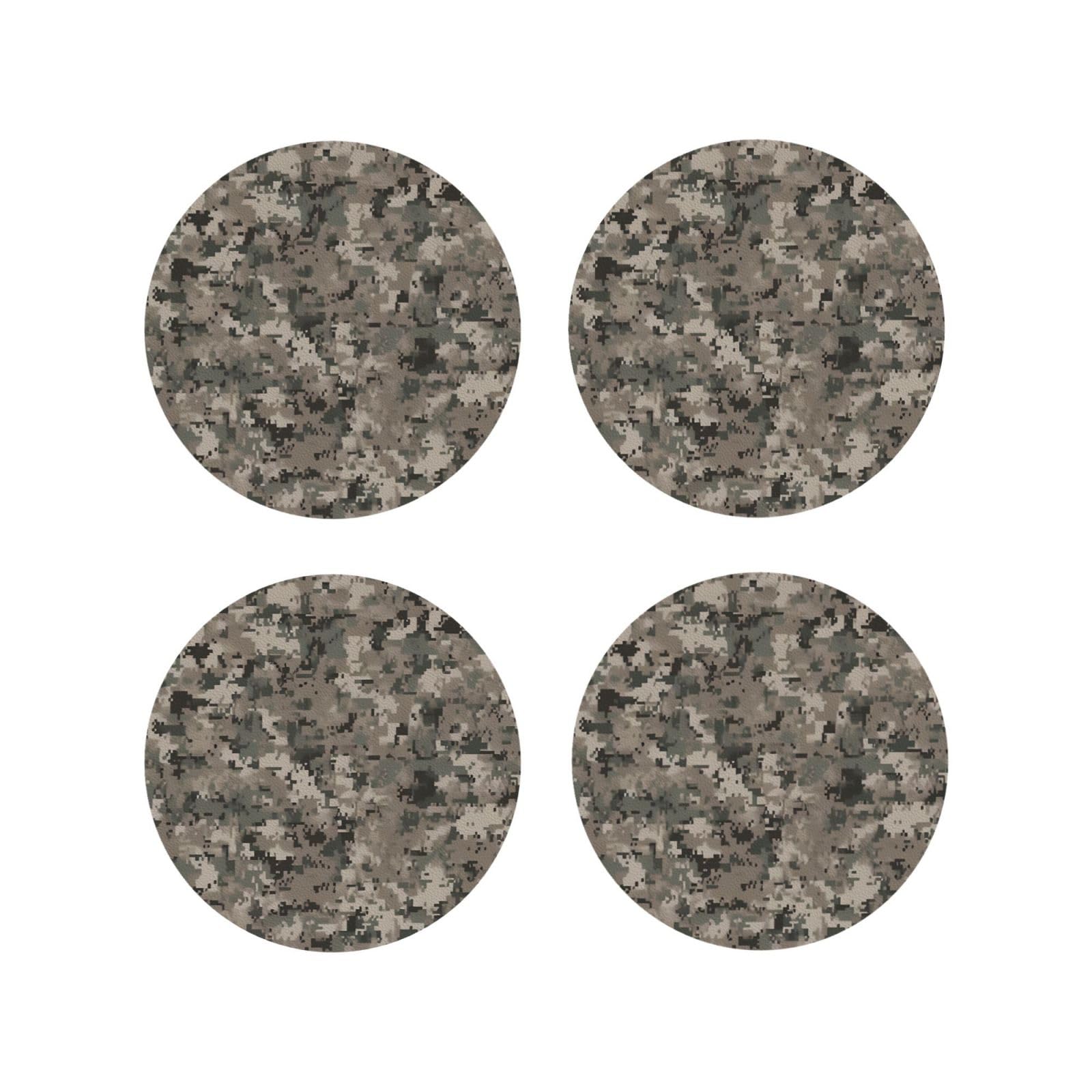 4Pcs PU Leather Coaster for Drinks, Army Digital Camouflage Cup Coastersr 4" Cup Mat Pad, Aesthetic Drink Coasters for Coffee Table, Round Shape Coaster for Tabletop Protection